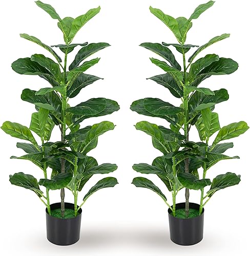 HAPPYGRILL Paquete de 2 higueras artificiales de hoja de violín, planta sintética de 40 pulgadas de alto con maceta de cemento, 40 hojas grandes,
