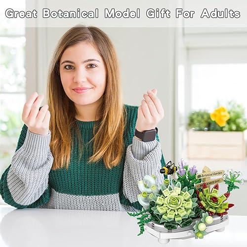 Miniatura 3 de Juguetes de construcción de suculentas para adultos, conjuntos de construcción de juguetes de colección botánica de bonsái, plantas y flores DIY