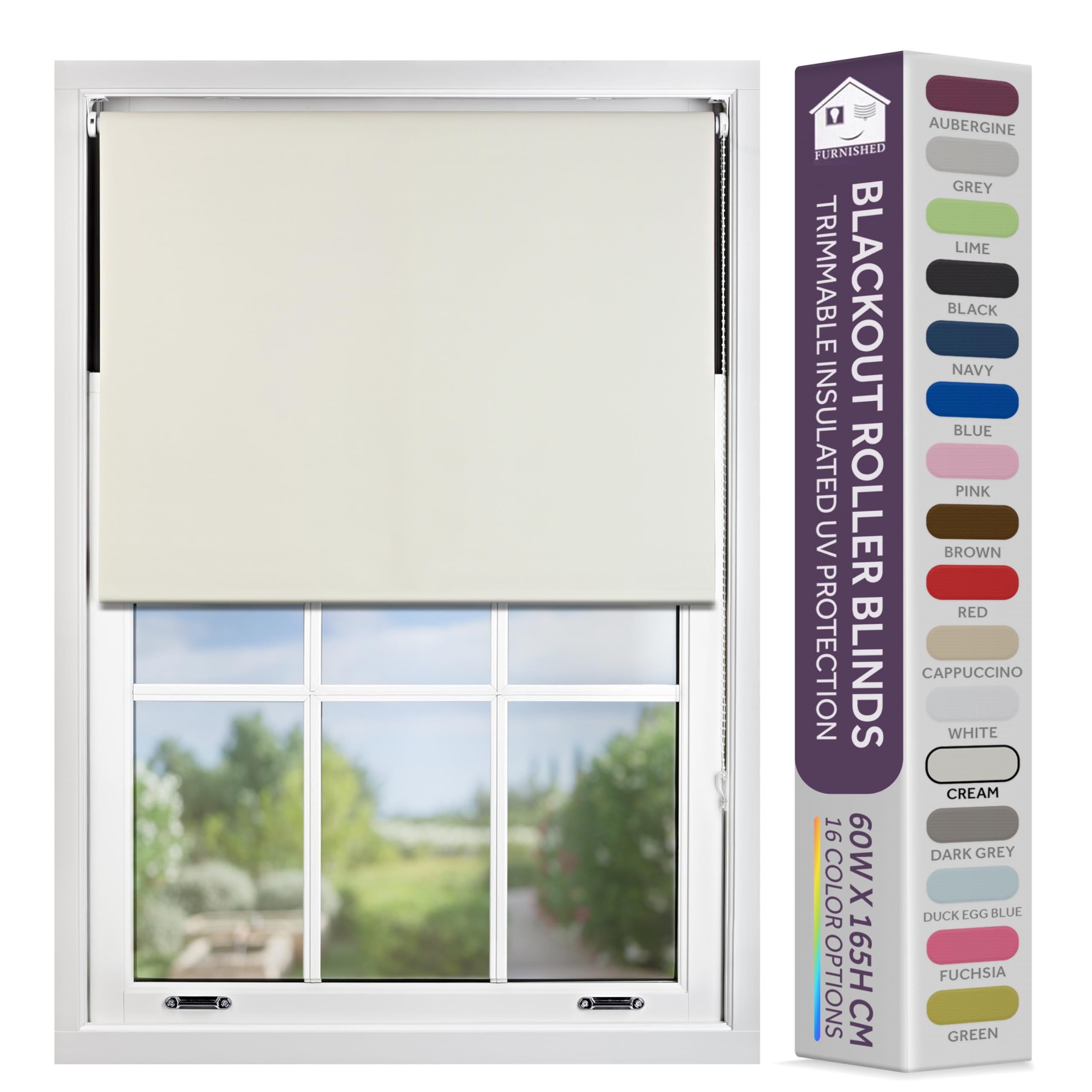 FURNISHED Blackout Roller Blind with Metal Fittings Trimmable Insulated Thermal Fabric Heavy-duty Easy Install Brackets Window Roller Blinds - Cream, 130W x 165H cm