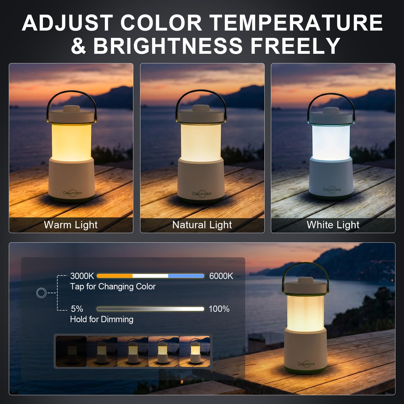 Dawnrise 2 faroles LED recargables para camping, luz 5 en 1 con 750 lúmenes, linterna portátil con luz roja, luz de emergencia IPX4 para huracán, cortes de energía, hogar, senderismo