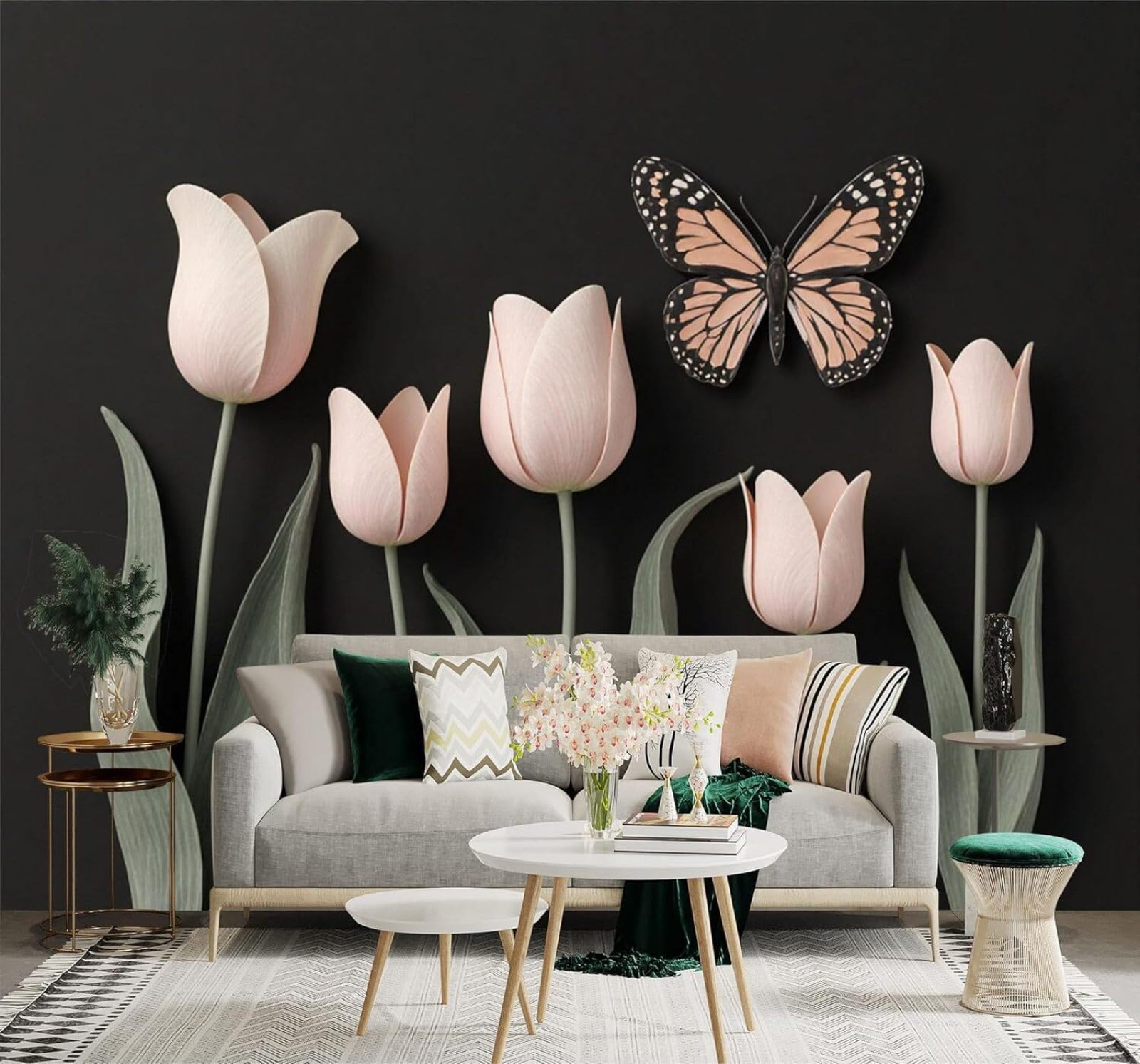 XLMING Black Background Pink Tulips Butterflies Elegant Flowers 3D Wallpaper Silky Texture Home Study Office Grey Dining Room Sofa Bedroom Living Room TV Backdrop-200cm×140cm