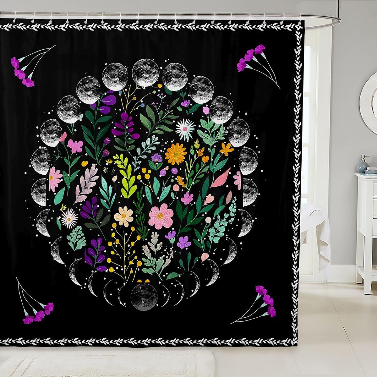 Moon Star Boho Floral 72"Wx78"L Bathroom Shower Curtain Set - Women's Bohemian Flowers Leaves Starry Sky Fabric Universe Outer Space Mysterious Black