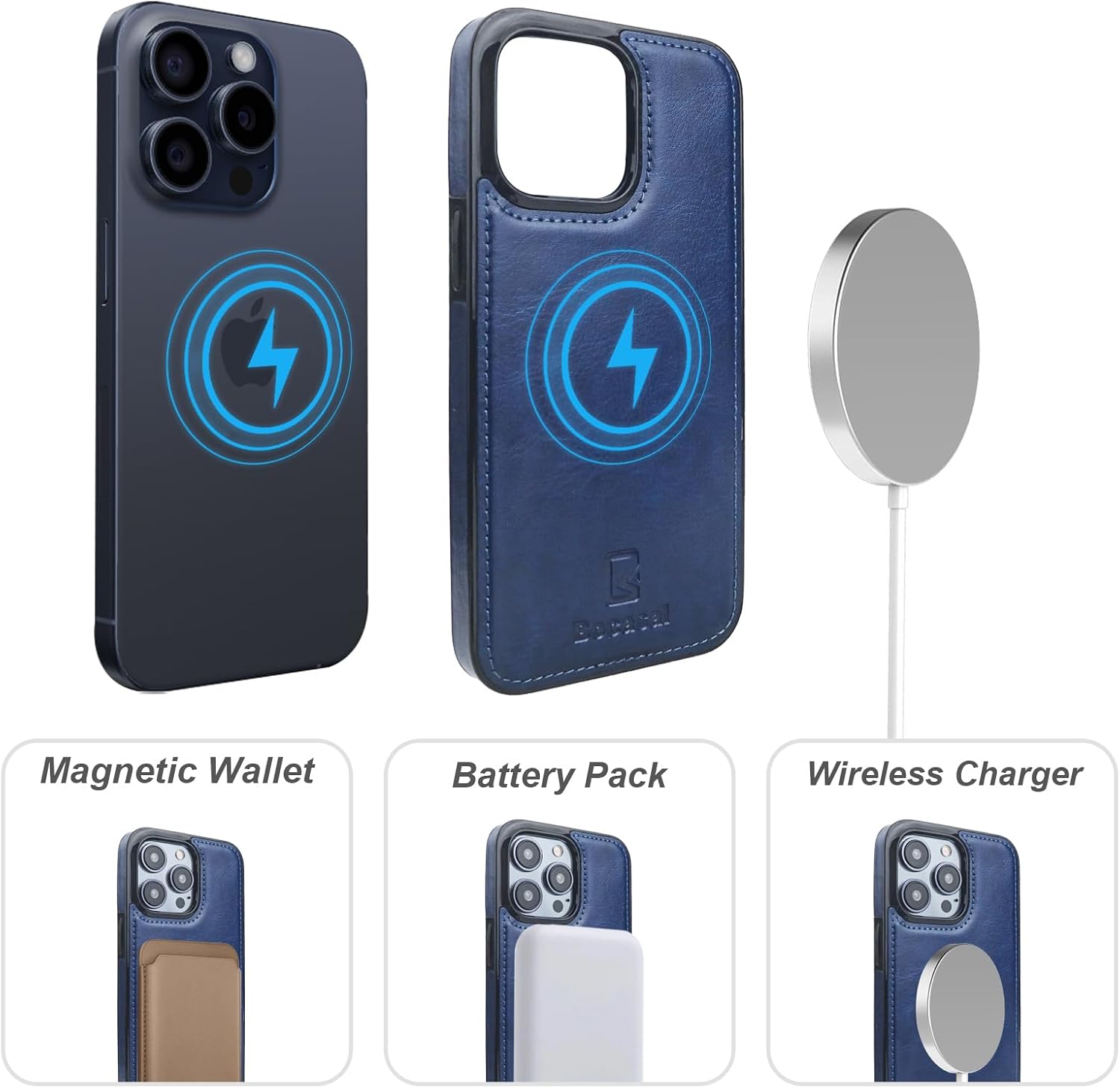 Bocasal for iPhone 15 Pro Wallet Case Compatible with MagSafe Wireless Charging, RFID Blocking Magnetic Leather Case with Card Slots Holder Kickstand Detachable Wrist Strap 6.1 Inch (Blue)