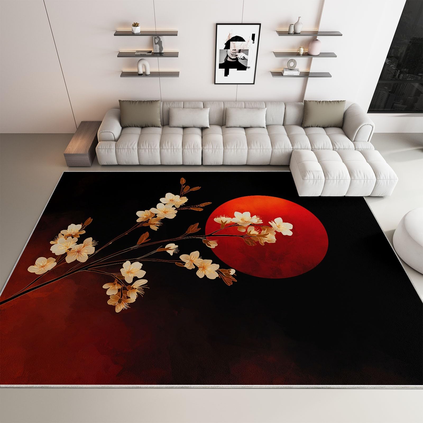 Antidérapante Tapis de Salon Chambre - Salon Super Doux Salle à Manger Faux Tapis en Laine, Motif Fleurs crème Soleil Rouge Style Japonais Rug Décoratif Résistant Lavable Noir et Rouge 120 x 180cm