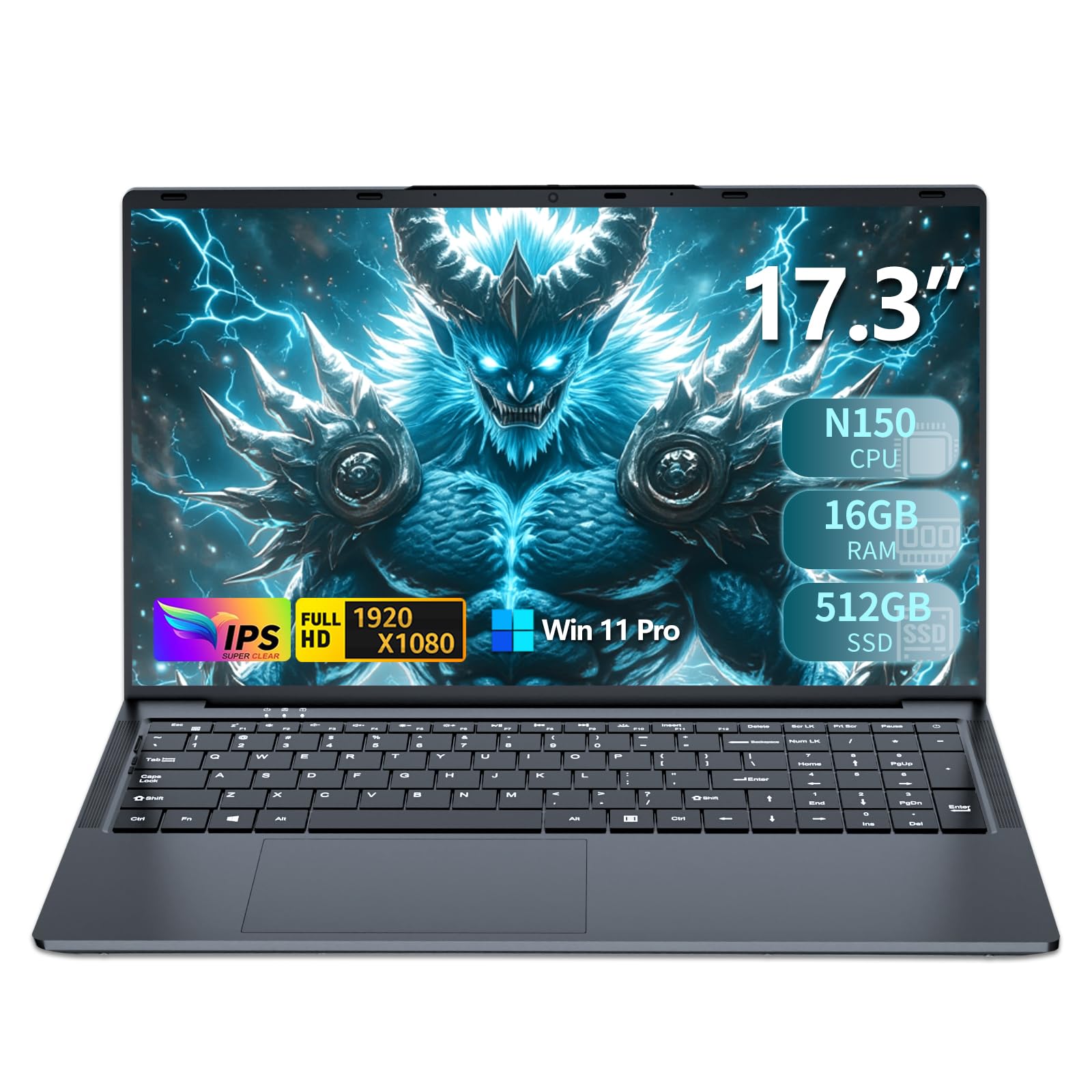 17,3 Pouces Ordinateur Portable, Win 11 PC Portable 16Go RAM DDR4 512Go SSD, CPU Twin Lake-N150, Clavier Rétro-éclairé Laptop 1980 * 1080P Écran, Mini-HDMI+USB3.0+BT4.2+Webcam+6000mAh Battery