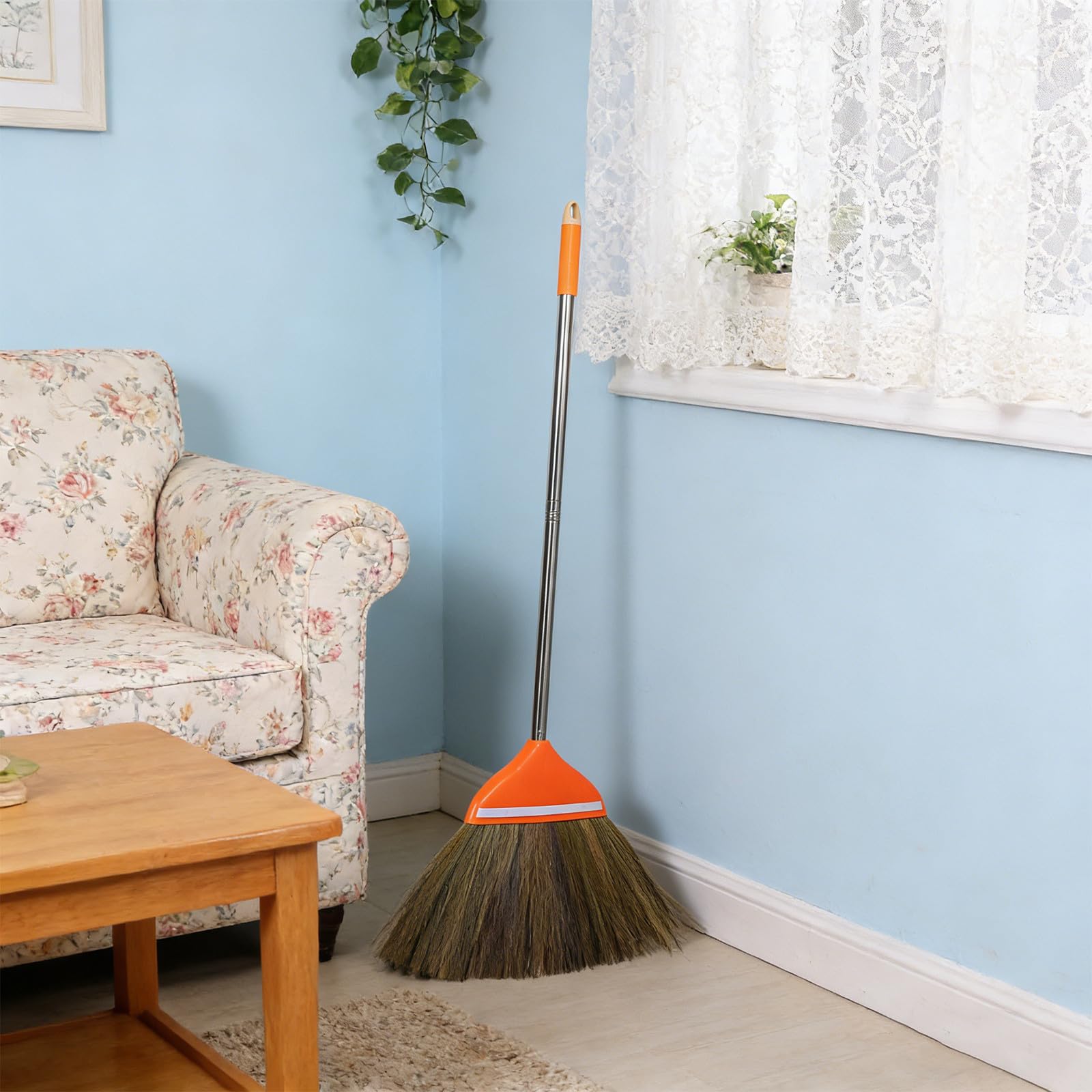 HEMOTON Escoba Natural de Mano para Limpieza del Hogar con Mango Largo de 105cm, Ligera y Resistente, Hecha de Miscanthus para Interiores y Uso Doméstico