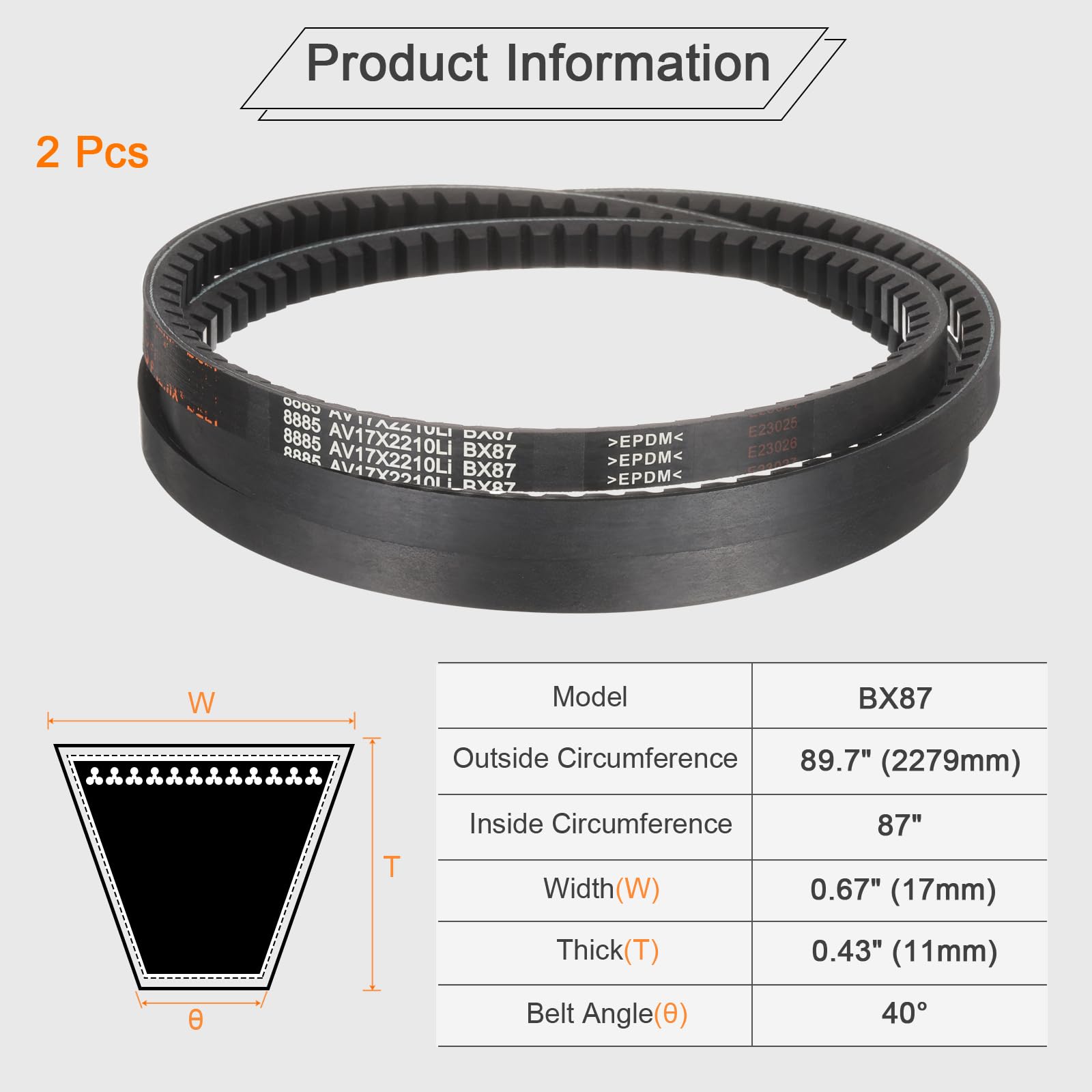 QUARKZMAN 2 Piezas BX87 Correa En V De EPDM Correa De Transmisión Industrial Dentada De Borde Crudo 2250mm Longitud De Paso 17 Ancho Superior 11 Grosor De Goma Para Transmisión De Potencia