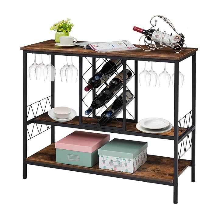 Buy AIIT Wine Rack Table Glass Holder Industrial Wood & Metal Frame