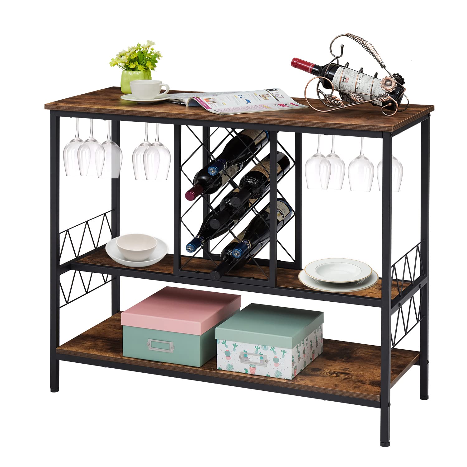 Buy AIIT Wine Rack Table Glass Holder Industrial Wood & Metal Frame