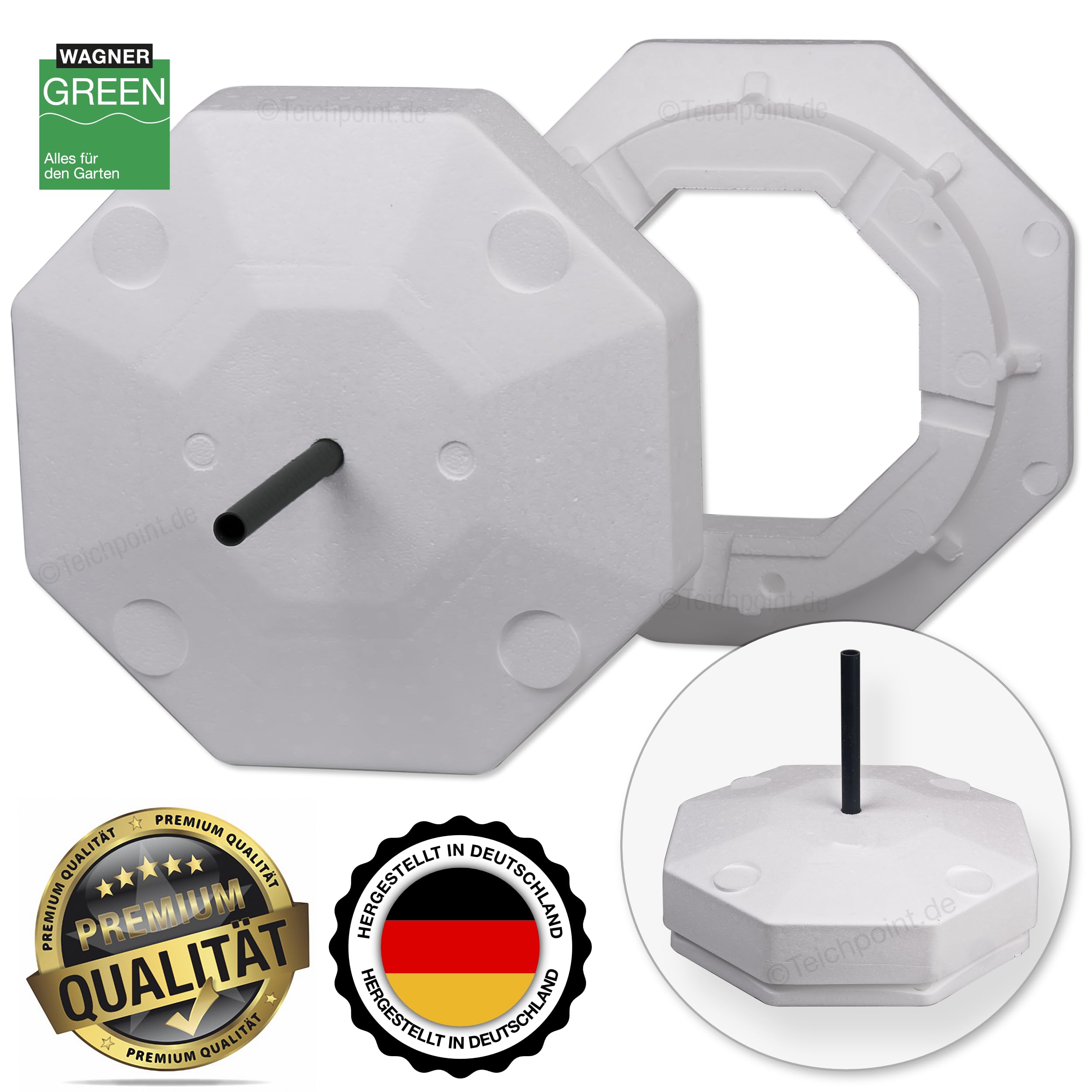 Eisfreihalter für Gartenteich | Styropor Eisfreihalter von Wagner Green | 8-Eckig 40cm mit Lüftungsrohr und Deckel | Hilft den Teich im Winter Eisfrei zu halten - Anti Ice Device