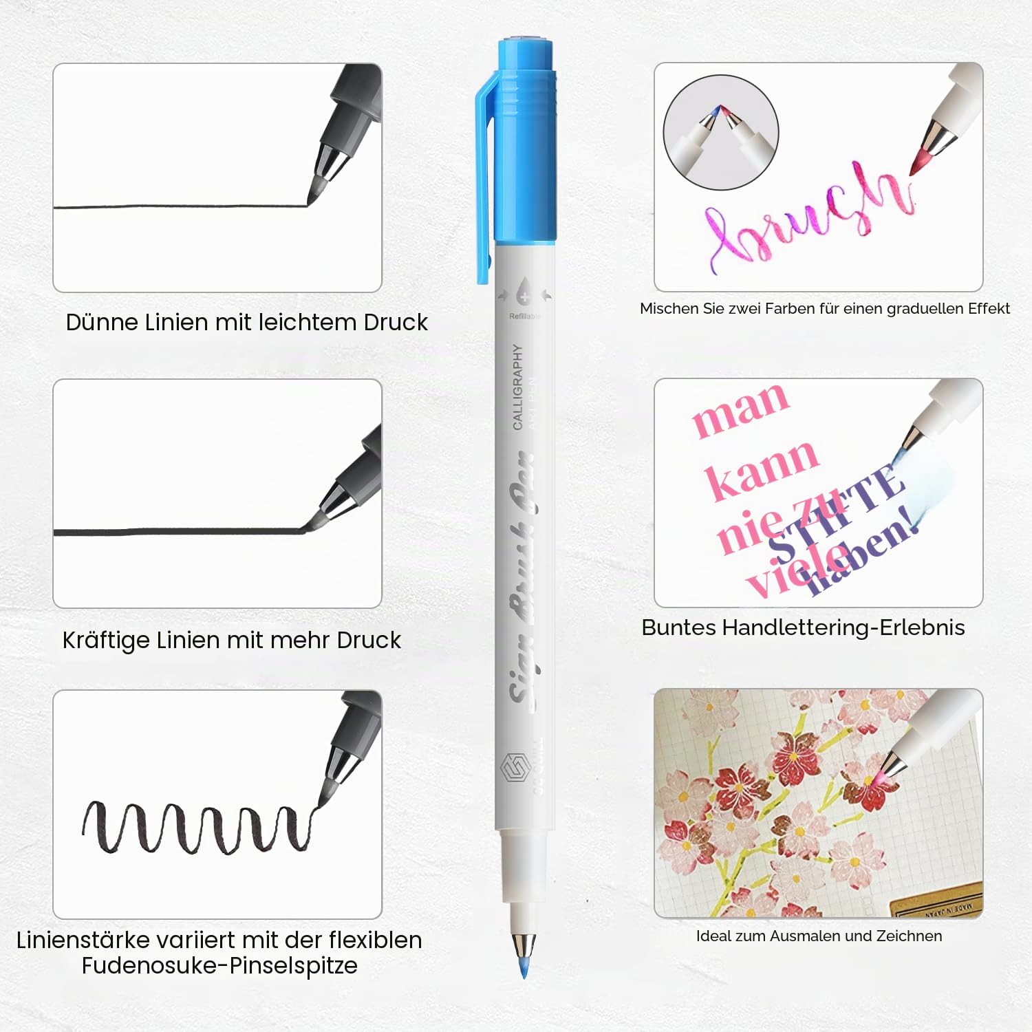 Fudenosuke Kalligraphie Stifte - 16 Farben Zeichen Pinsel Stifte Kalligraphie Set mit Fude Pinselspitzen für Handlettering, Journaling, Kalligraphie, Zeichnung, Schreiben GC-SB16