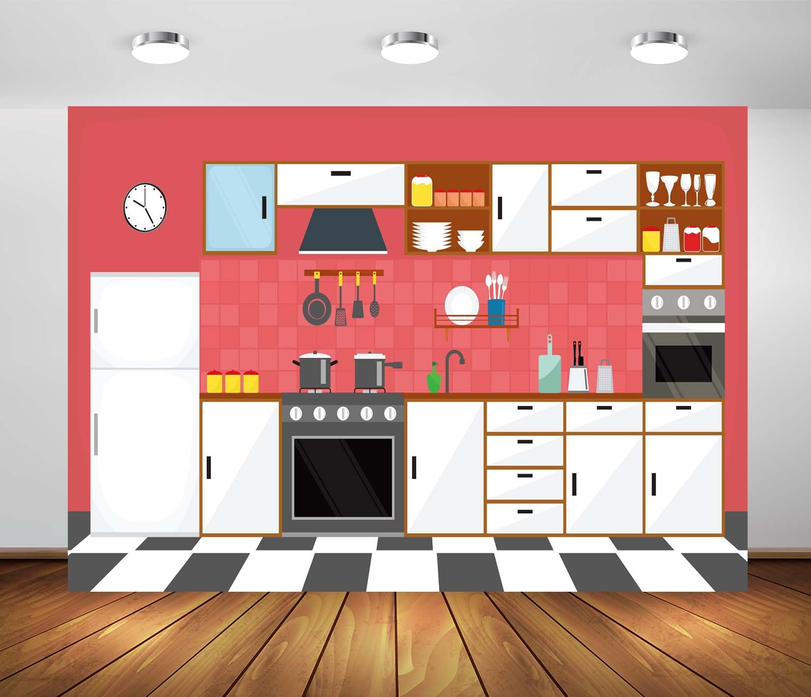 4.5x3m Sfondo interno cucina cartone animato Sfondi cucina moderna per fotografia Attrezzatura da cucina Sfondo Tema cucina Decorazioni per feste Studio fotografico