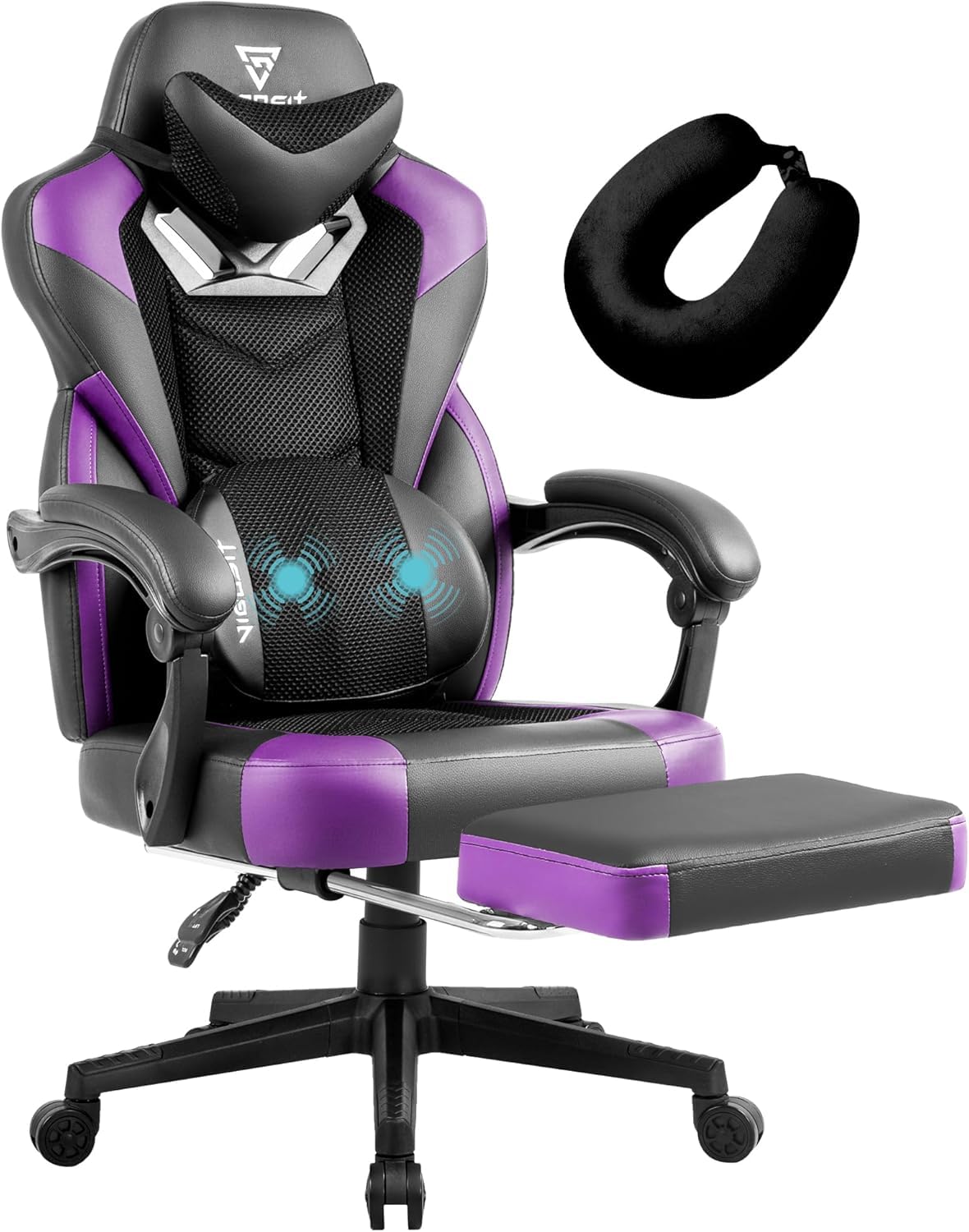 Vigosit Silla de Gaming con reposapiés, Silla de Oficina de Malla de PC con función de Masaje, sillón de Gaming (Negro y Morado)