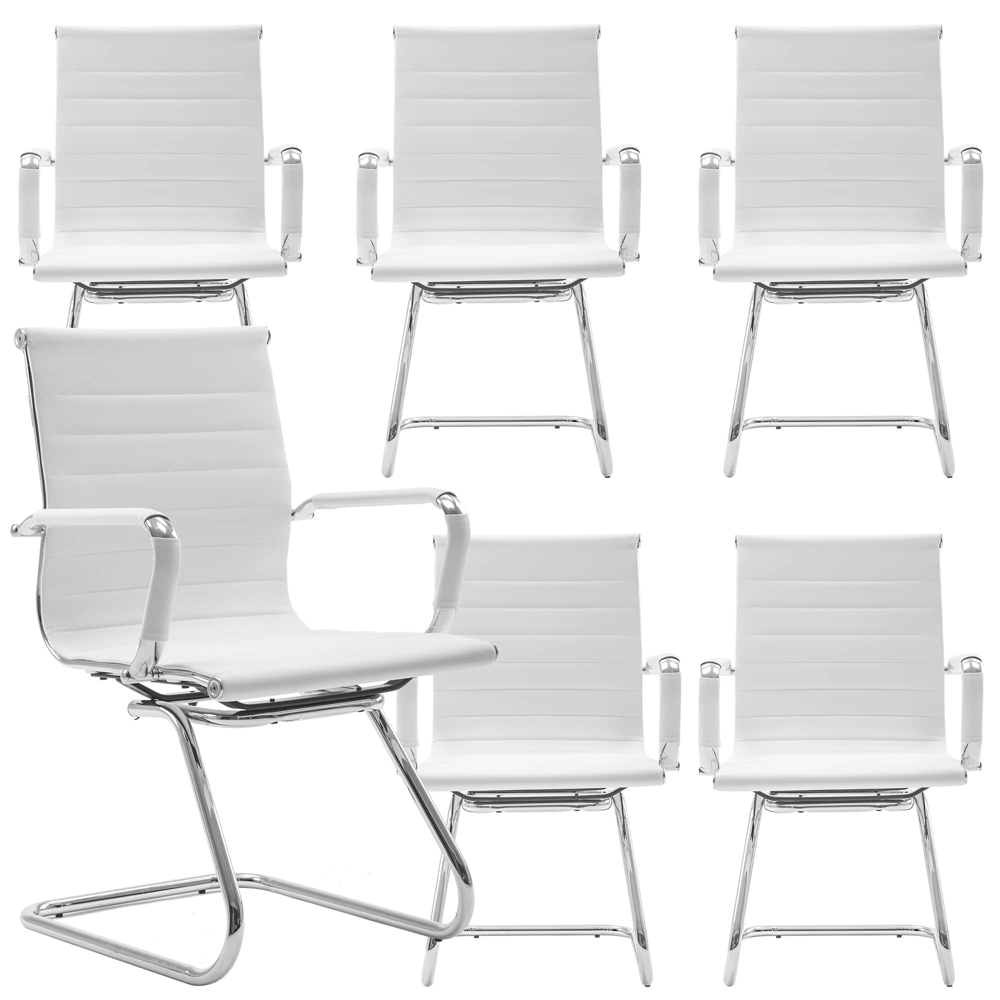 Conference Room Chairs Set of 6, Waiting Room Chairs with Arms, Faux Leather Reception Chairs No Wheels, Office Guest Chairs with Mid Back Support and Chrome Sled Base, White