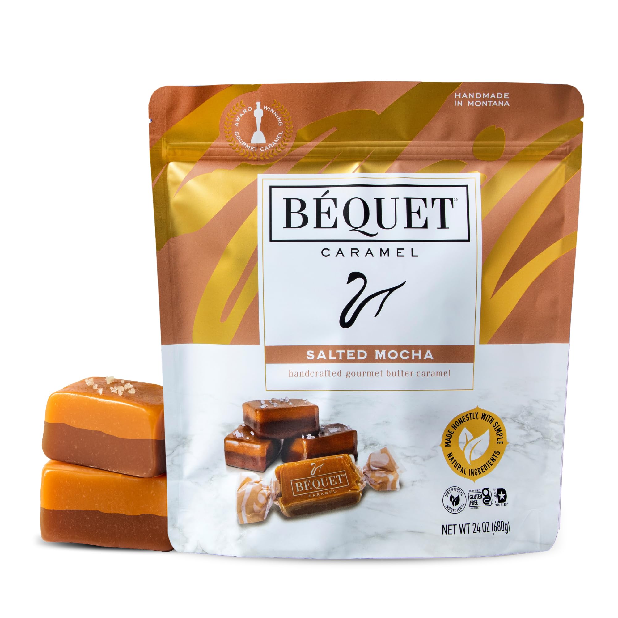 Béquet Caramel - Salted Mocha Gourmet Candy - Coffee Candy Individually Wrapped - Gourmet Sea Salt Caramel - Made in Montana - Kosher (Star-D), and