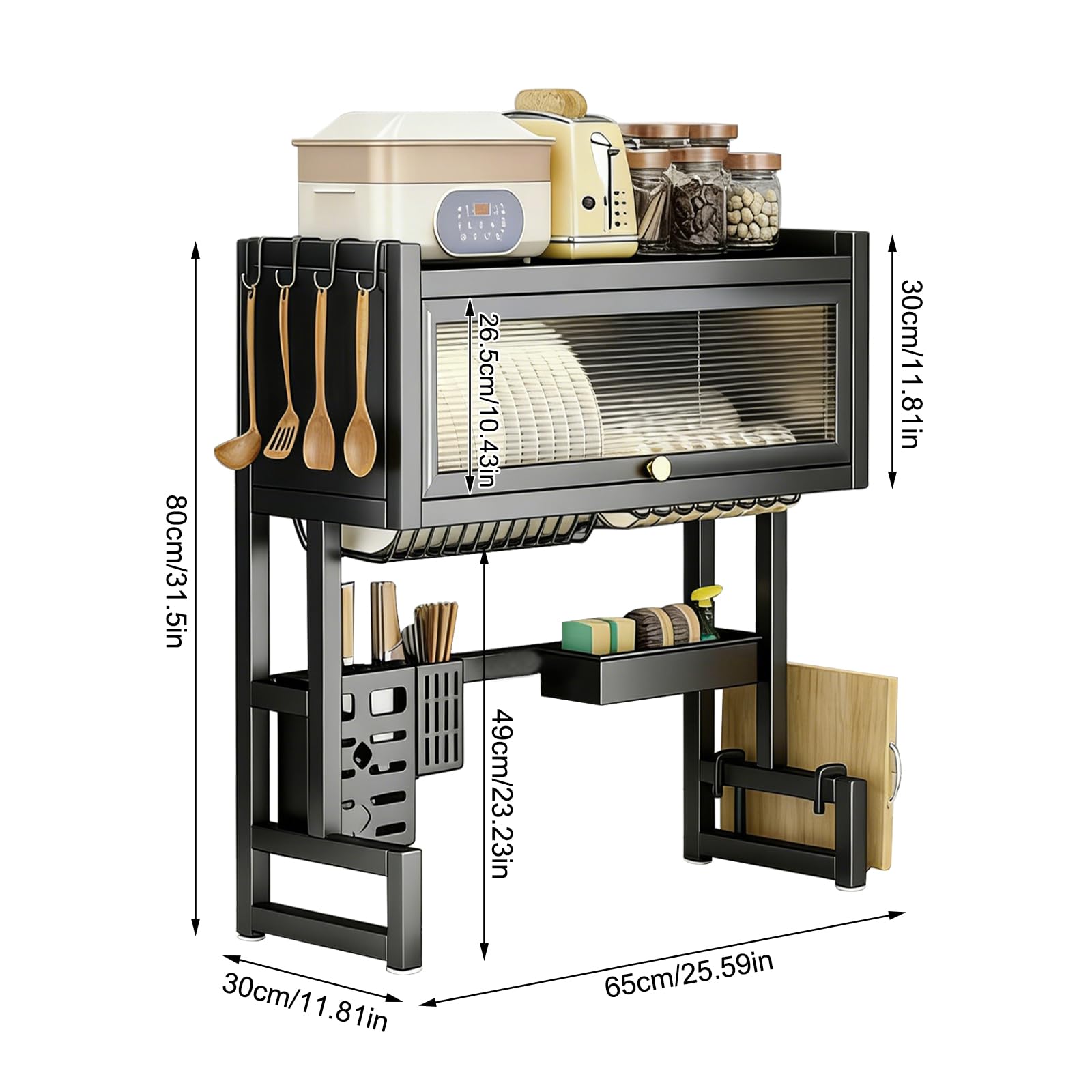 Escurreplatos grande con tapa, resistente al polvo y ahorra espacio, organizador de vajilla multifuncional sobre el fregadero, para platos, vasos, cuencos, secado y almacenamiento en la cocina (negro