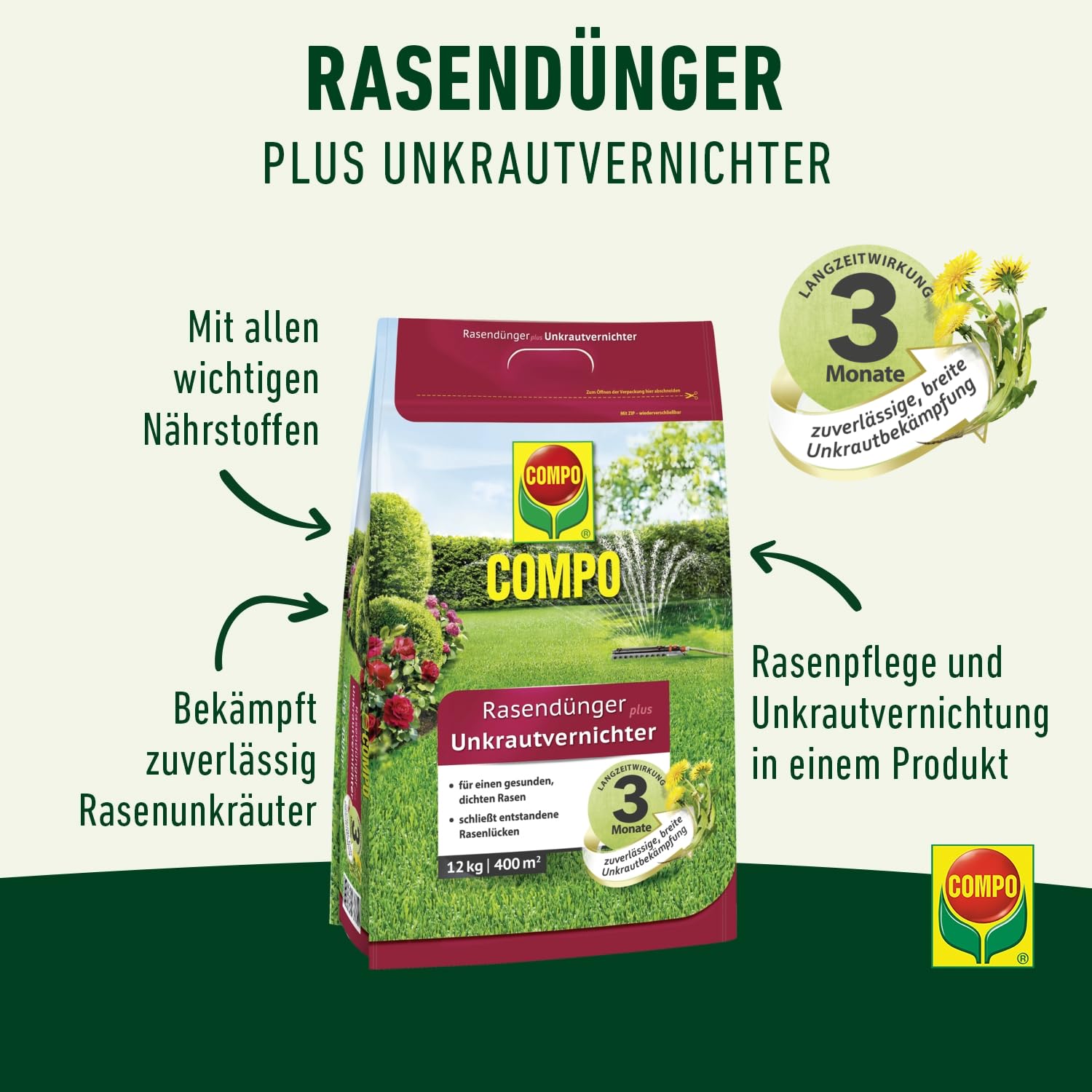 COMPO Rasendünger mit Unkrautvernichter, 12 kg für 400 m² - Rasendünger für das Frühjahr mit 3 Monate Langzeitwirkung