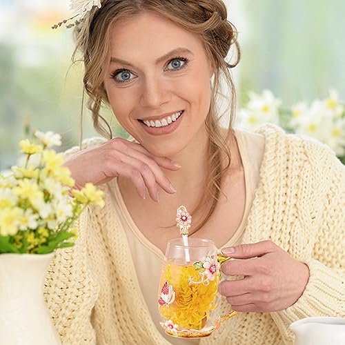 Vista 4 de Taza de té de flores, taza de café de cristal transparente con cuchara, caja de regalo para su madre, esposa, abuela, niñas, amigos, San Valentín