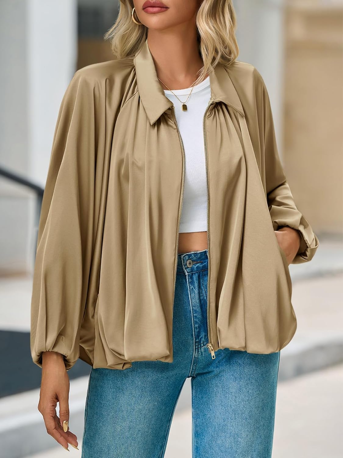 Tankaneo Womens Bomber Jackets Oversized Batwing Sleeve Zip Up Puffed Jacket Lapel Collar Pleated Outerwear - Image 4