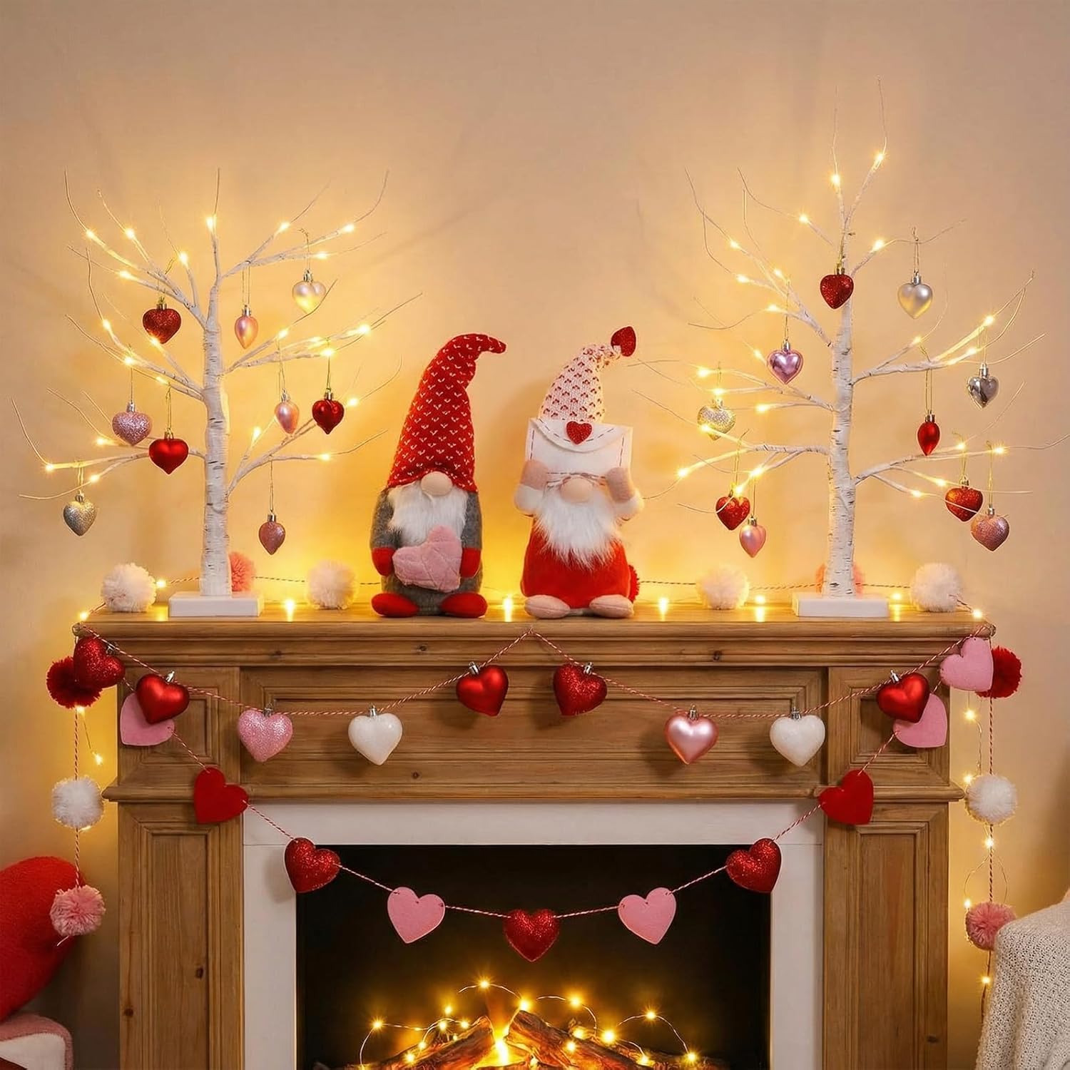 40 Pcs Valentine's Day Tree Decor 24" Lighted Birch Tree with 36 Pcs Heart Hanging Ornaments 2 Mr and Mrs Valentine Gnomes Decorations Plush for Centerpiece Wedding Gift Table Decorations