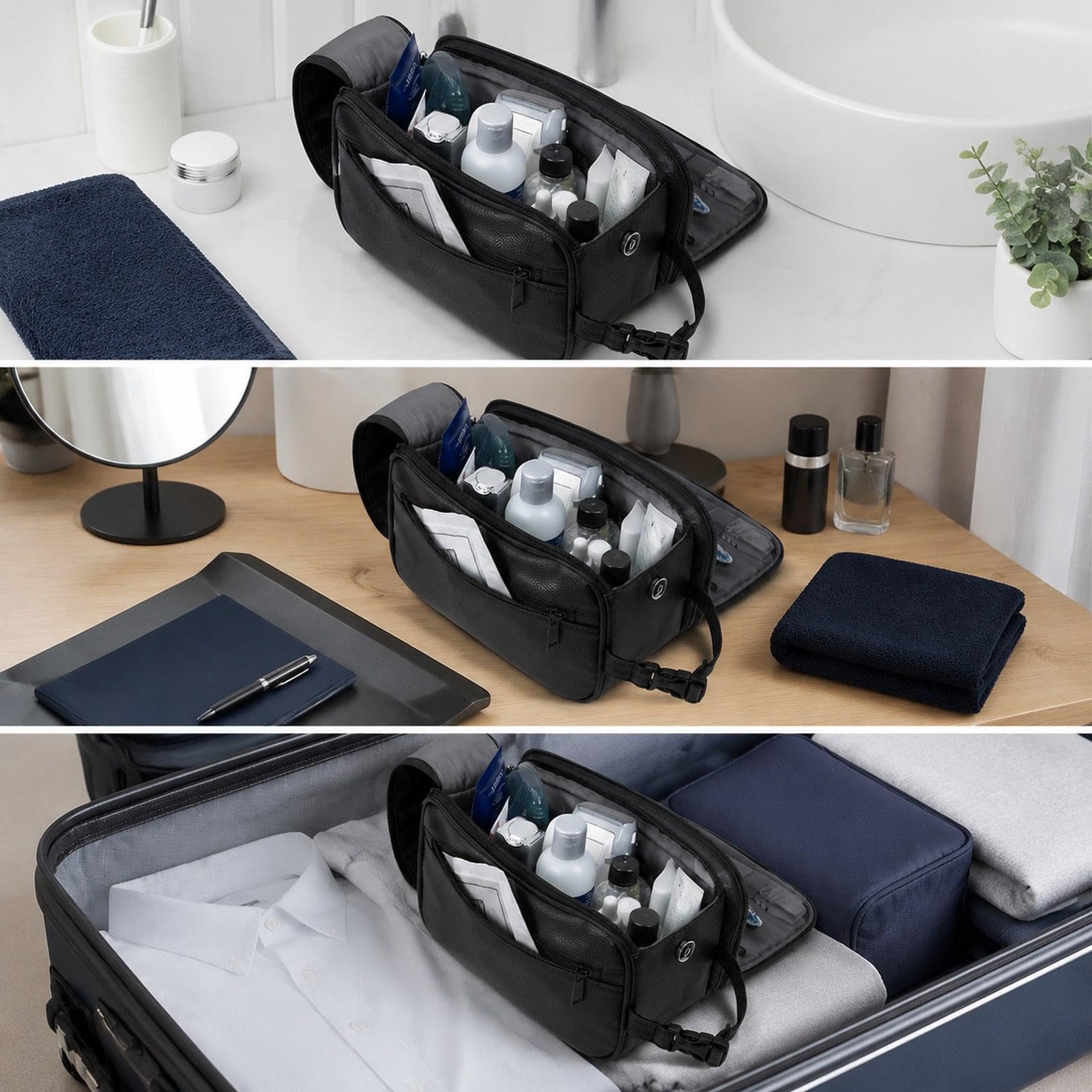 Borsa Da Toilette Uomo Organizer Porta Trucco Impermeabile Pelle Pu con Manico Robusto Design Moderno per Articoli Personale Adatta a, Nero