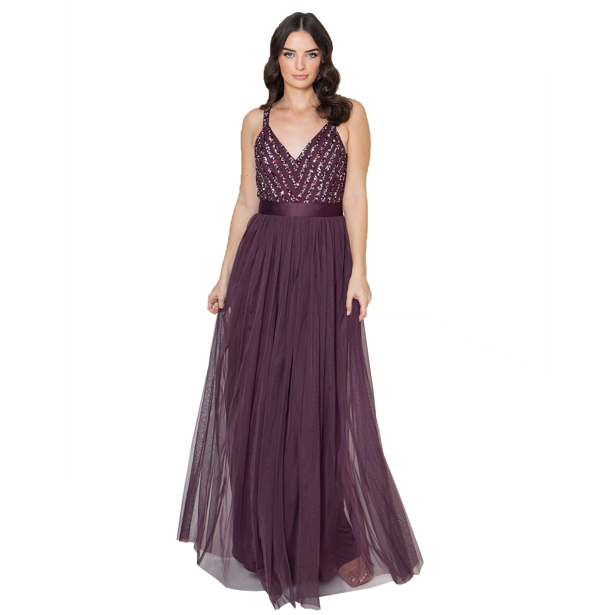 Maya Deluxe Maxi Abendkleid Damen Elegant für Hochzeit mit V-Ausschnitt Tüllkleid Damen mit Schleife Brautjungfernkleid