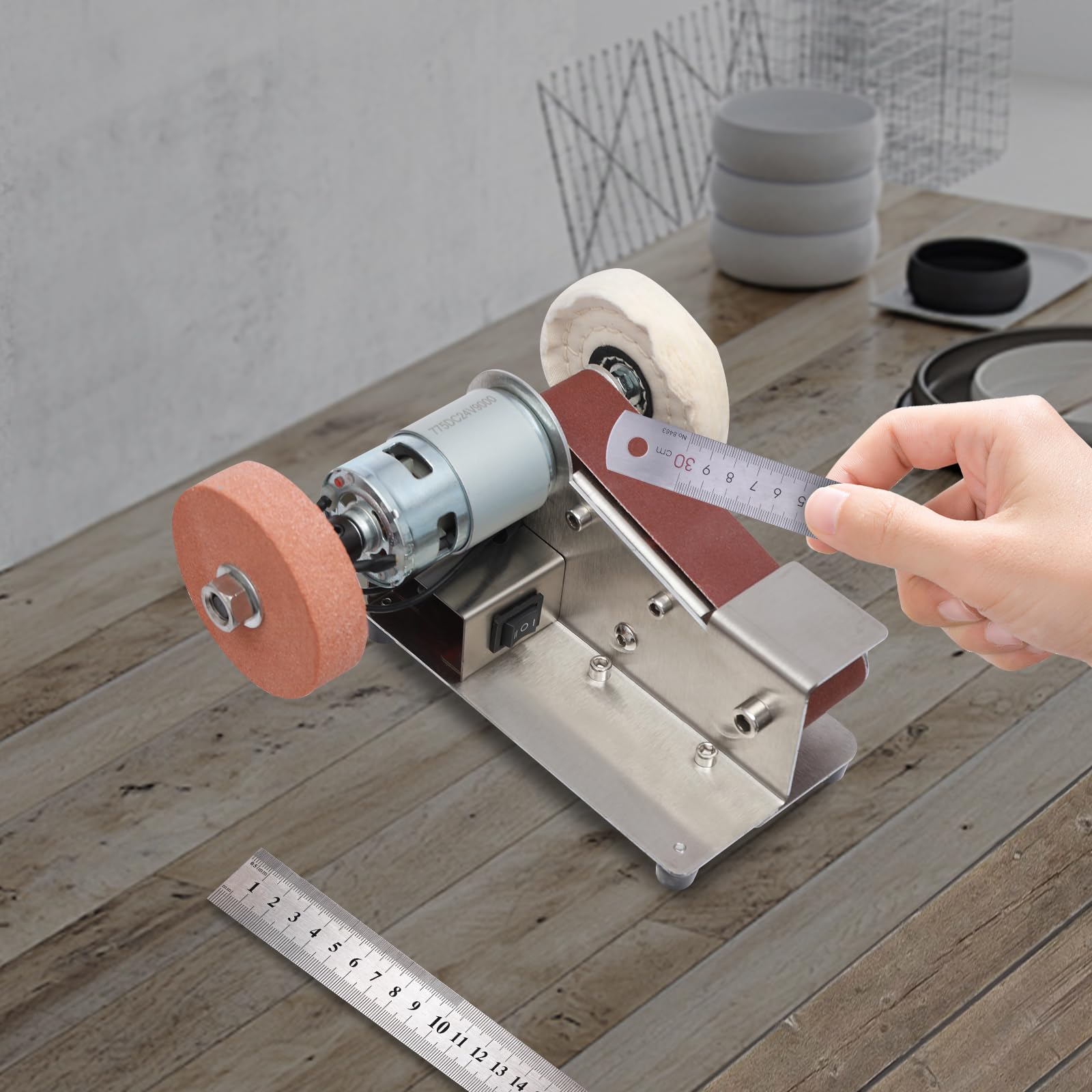 Mini Levigatrice a Nastro 7 Velocità Smerigliatrice Elettrica per Metallo Legno Affilare Regolabile 1°-45°
