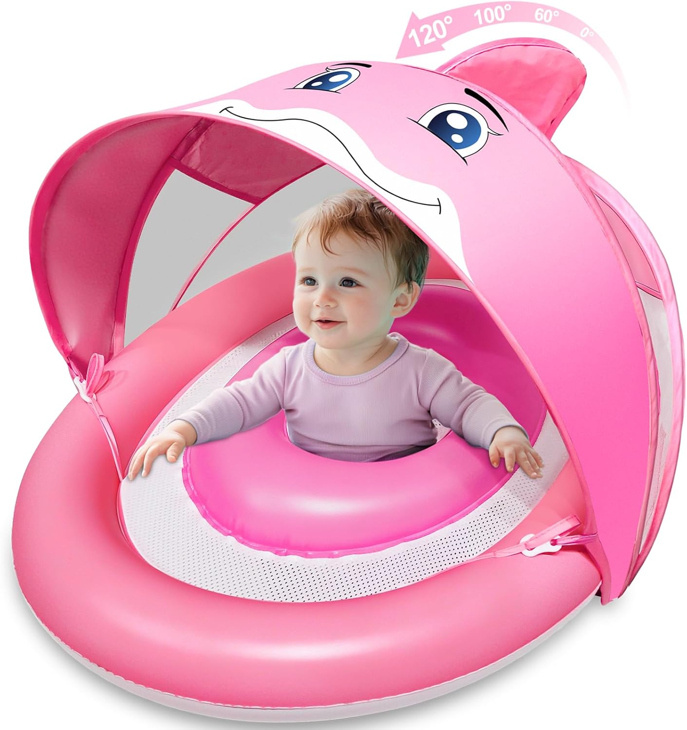 Dolphin Baby Float with Canopy for Age 6-36 Months UPF 50+ Sun Protection Never Flip Over Dual Air Chambers Adjustable Safety Seat 4 Stage Adjustable Canopy Inflatable Swim Pool Float Toddler Infant
