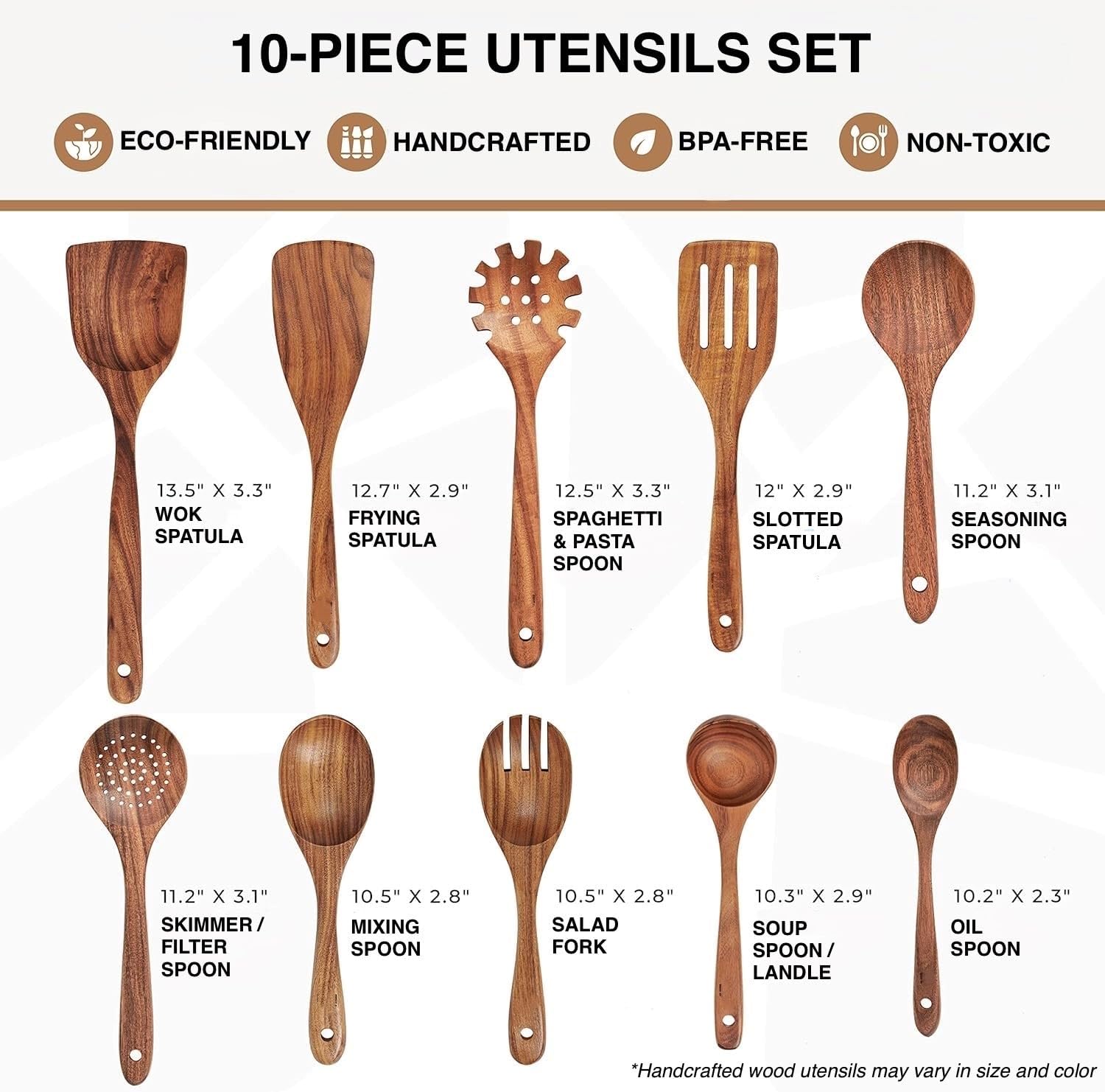 Wooden Spoons for Cooking -10 Pcs Cooking Utensils Set with Smooth Finish, Durable Teak Wood Kitchen Utensils Set, Nonstick Cooking Utensils, Lightweight, Heat-Resistant, Comfort Grip Kitchen Utensils