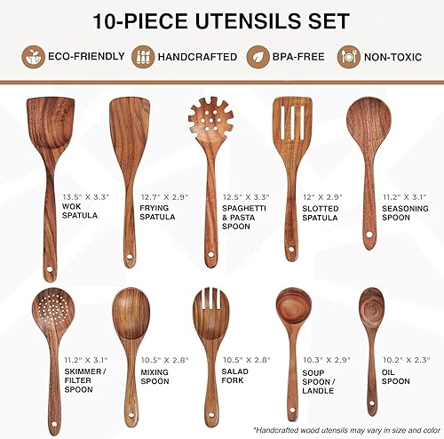 Miniatura 5 de Cucharas de madera para cocinar, juego de 10 utensilios de cocina con acabado liso, juego de utensilios de cocina de madera de teca duraderos,