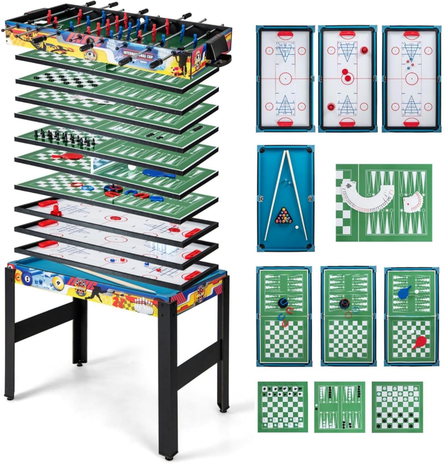 12-in-1 Multi Game Table, Combo Game Table Set with Foosball, Billiards, Table Tennis, Hockey, Chess, Checkers, Family Arcade Games for Home Entertainment & Rec Rooms