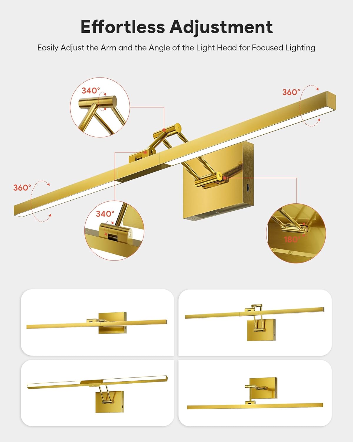 VONLUCE 30" LED Bathroom Vanity Light, 3CCT Modern LED Vanity Lights with 360° Rotatable Head Swing Arm, 11.4W Bathroom Light Fixture Over Mirror, LED Lights for Bathroom Bedroom, Brushed Gold