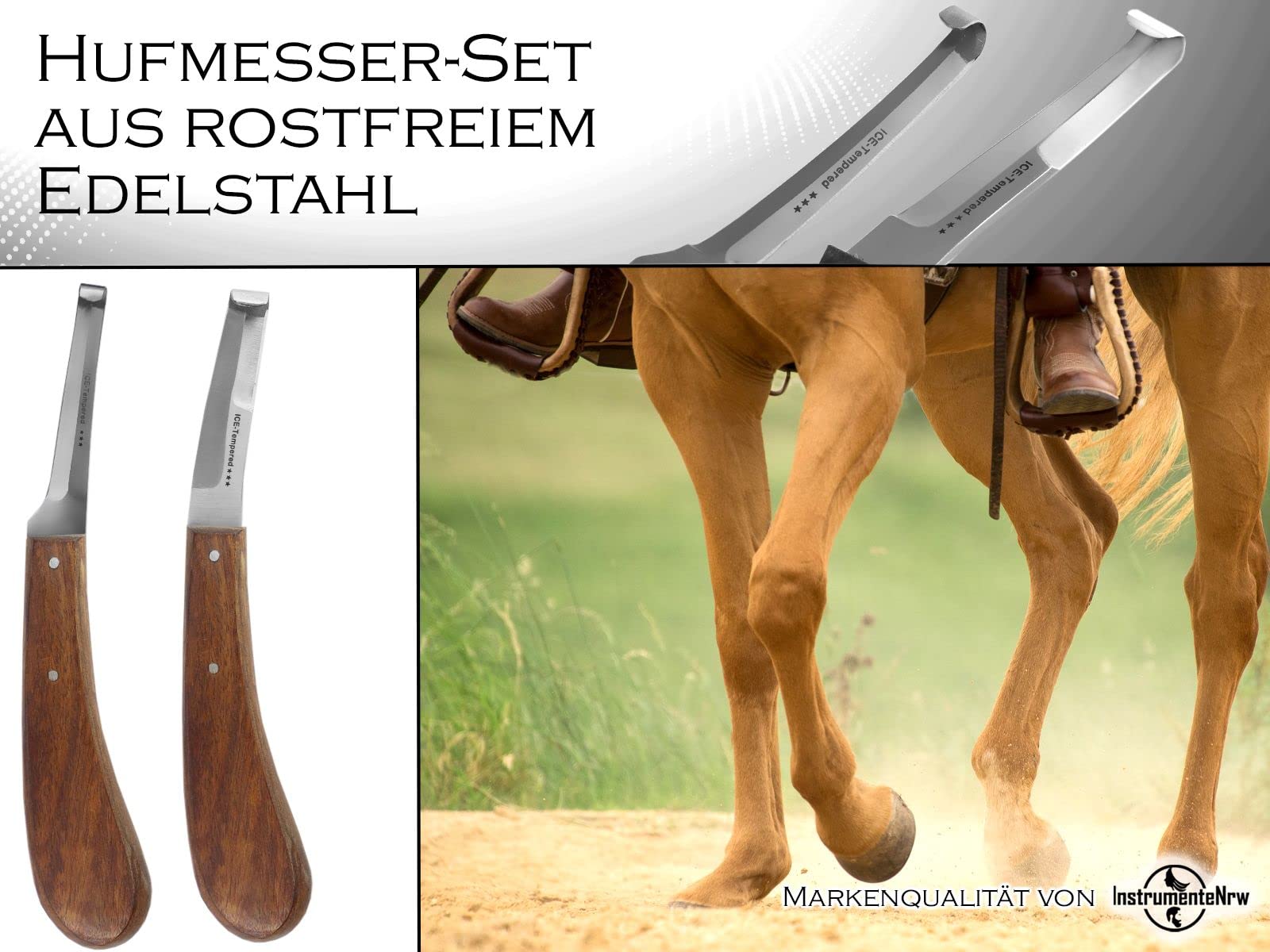 Profi Hufmesser 2er Set für Pferde Beidseitig Scharfe Klingen Dünn und Breit Klauenmesser Rinnmesser Rinder Hufpflege Hufschmied Werkzeug mit gebogenen Haken Spezialstahl Rostfrei Ergonomischer Griff