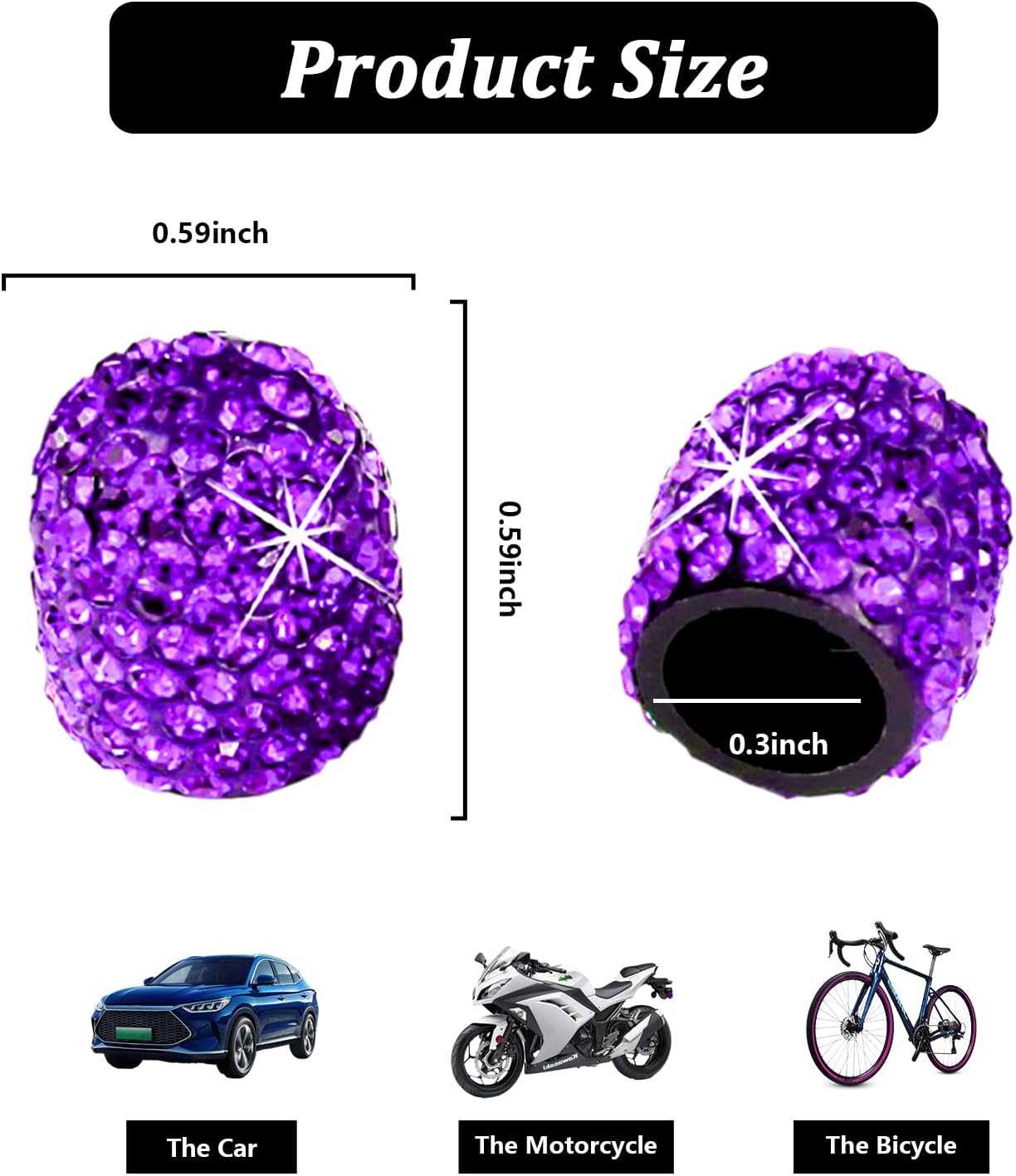 Kewucn Bling Car Tire Valve Stem Caps, 4 Pack Handmade Sparkling Crystal Rhinestone Stem Covers, Dustproof Wheel Tire Valve Caps, Universal Accessories for Car Truck Motorcycle Bike (Purple)