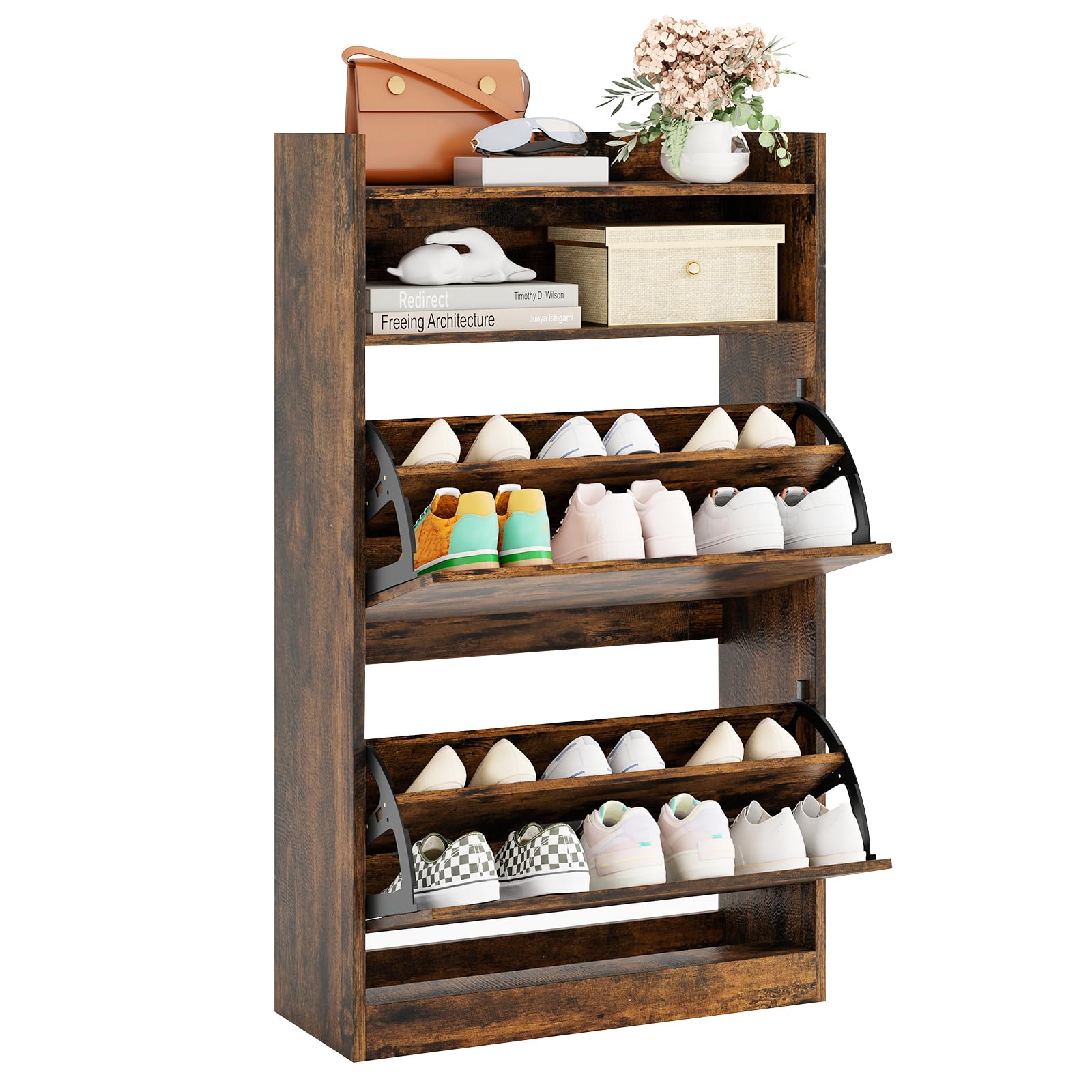 COSTWAY Zapatero con 2 Cajones Abatibles, Zapatero Estrecho con Almacenamiento Abierto, Mueble para Zapatos Madera Entrada Recibidor Pasillo, 60 x 24 x 102 cm (café)