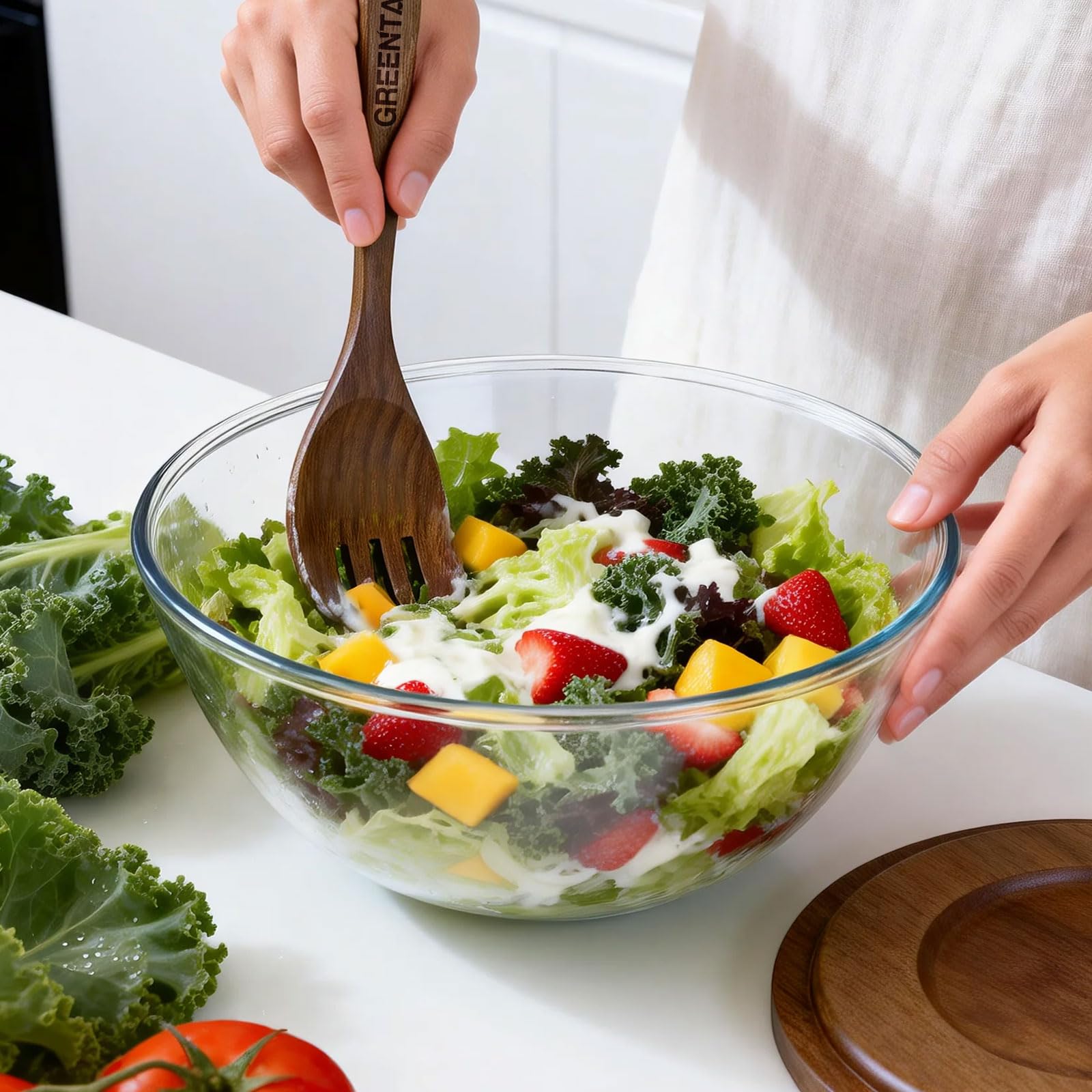 Greentainer Juego de ensaladera de 4 piezas, cubiertos para ensalada con cuenco para ensalada, cuenco redondo, ensaladera de cristal, apto para lavavajillas