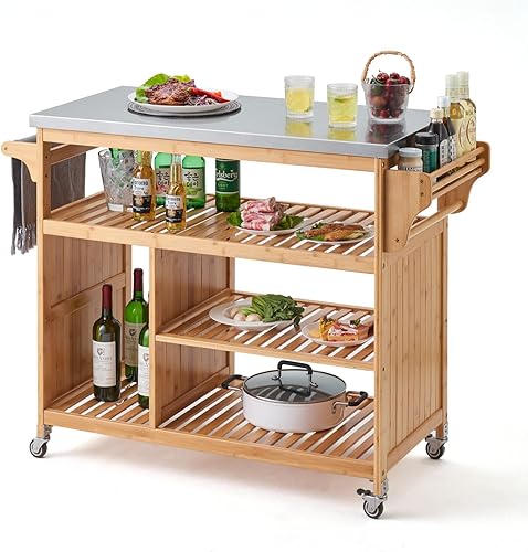 UNICOO Carrito de cocina con ruedas de bambú con parte superior de acero inoxidable. Carrito rodante, mesa de trabajo de cocina, carrito de