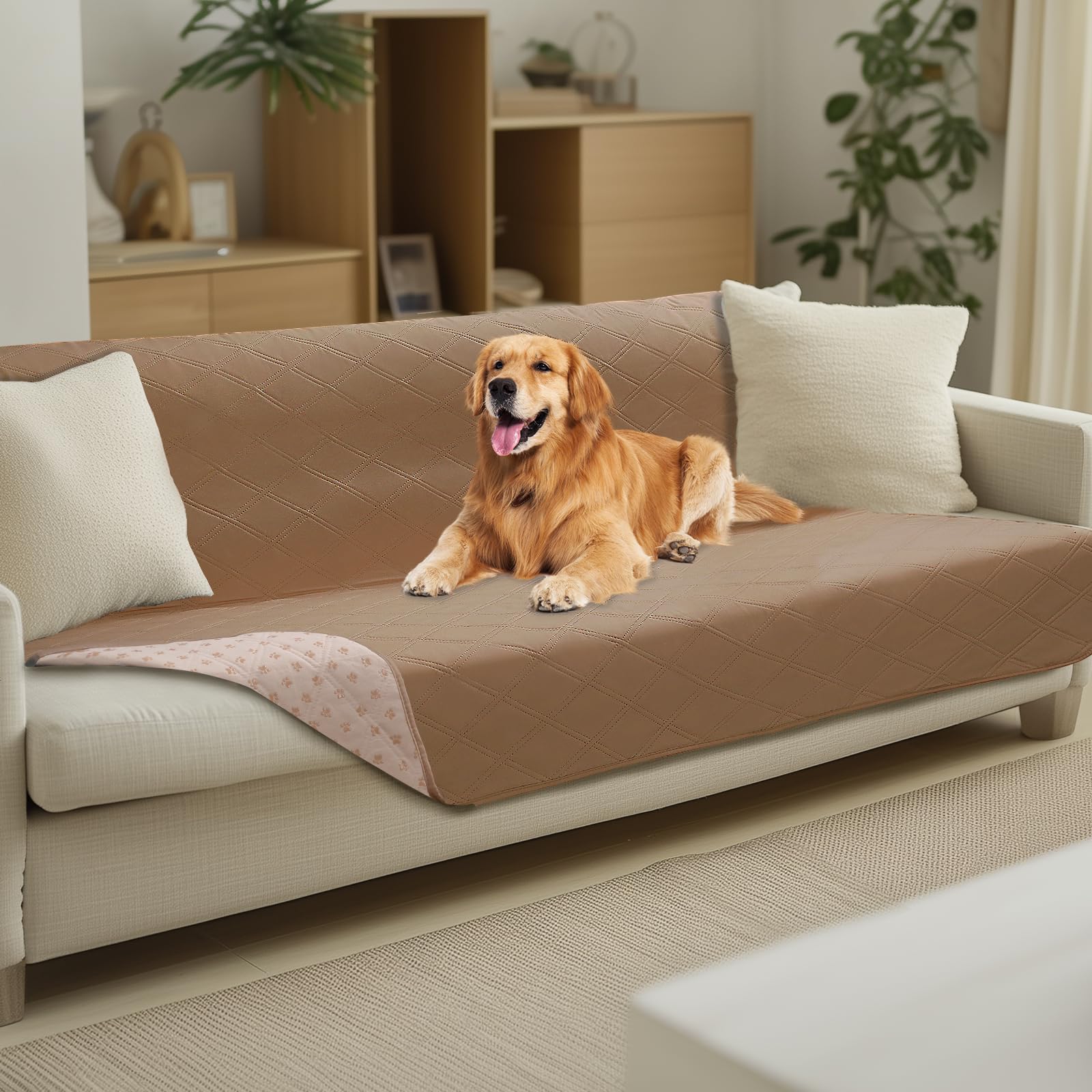 Luciphia 100% Waterproof Couch Cover Blanket for Dogs Anti-Slip Pet Couch Protector Sofa Mat Puppy Cat Blanket with Non-Slip Bottom, Light Brown Khaki, 52x82 Inch