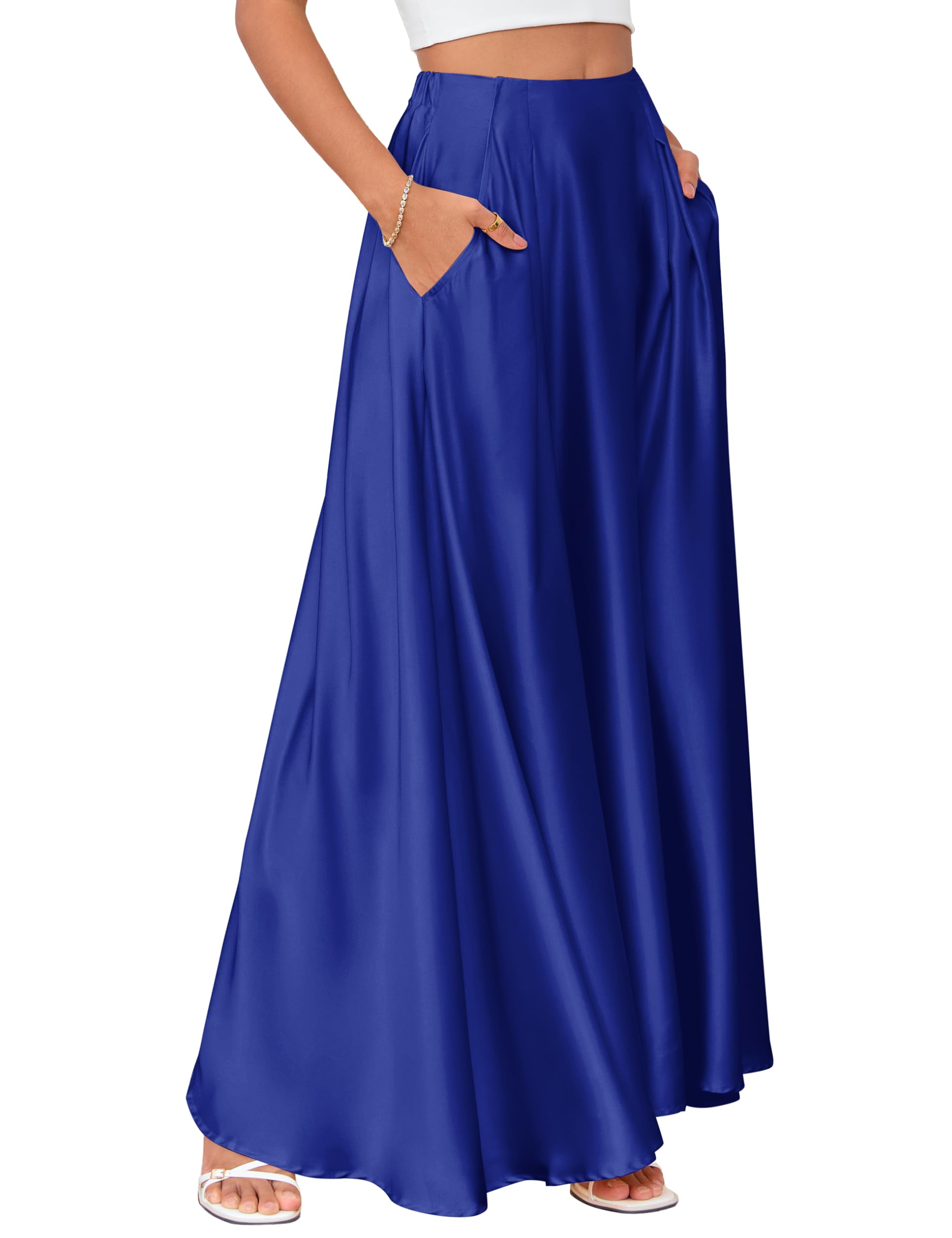 MAKABO Maxi Satin Skirts for Womens High Waisted Flowy Long A line Skirt Trendy for Office Holiday Party