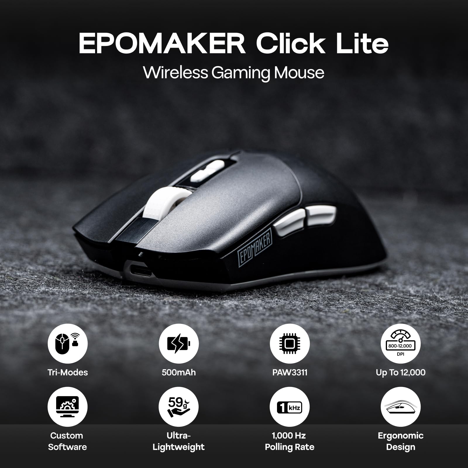 EPOMAKER Click Lite Wireless Gaming Mouse, 800 to 12,000 DPI Adjustable, PAW3311 Sensor, 500mAh, 59g, 2.4G/BT/USB-C Rechargeable Wireless Mouse with 5 Programmable Buttons for PC/Mac/Linux (Black)
