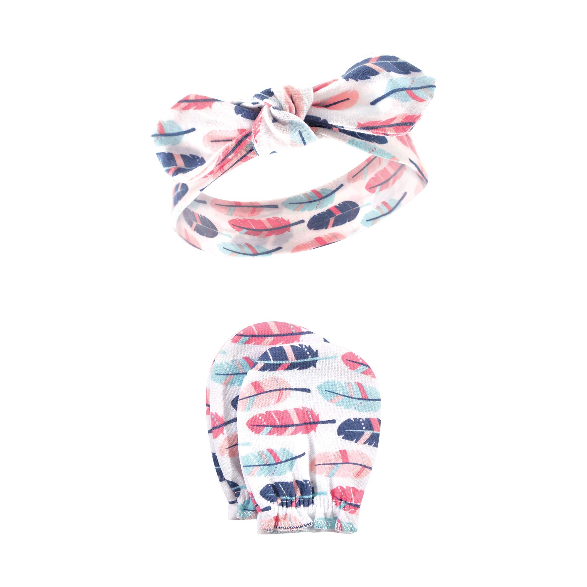 Hudson Baby Unisex Baby Cotton Headband and Scratch Mitten Set, Feathers, 0-6 Months