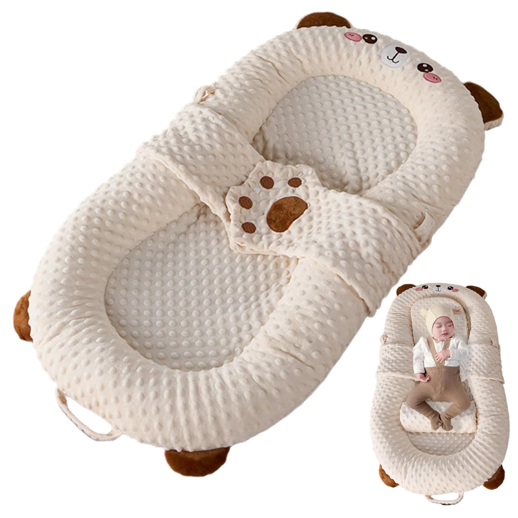 Chaise longue portable pour bébé, douce et confortable, oreiller réversible avec mains réconfortantes, nid de câlin amovible pliable avec poignée pour nouveau-né