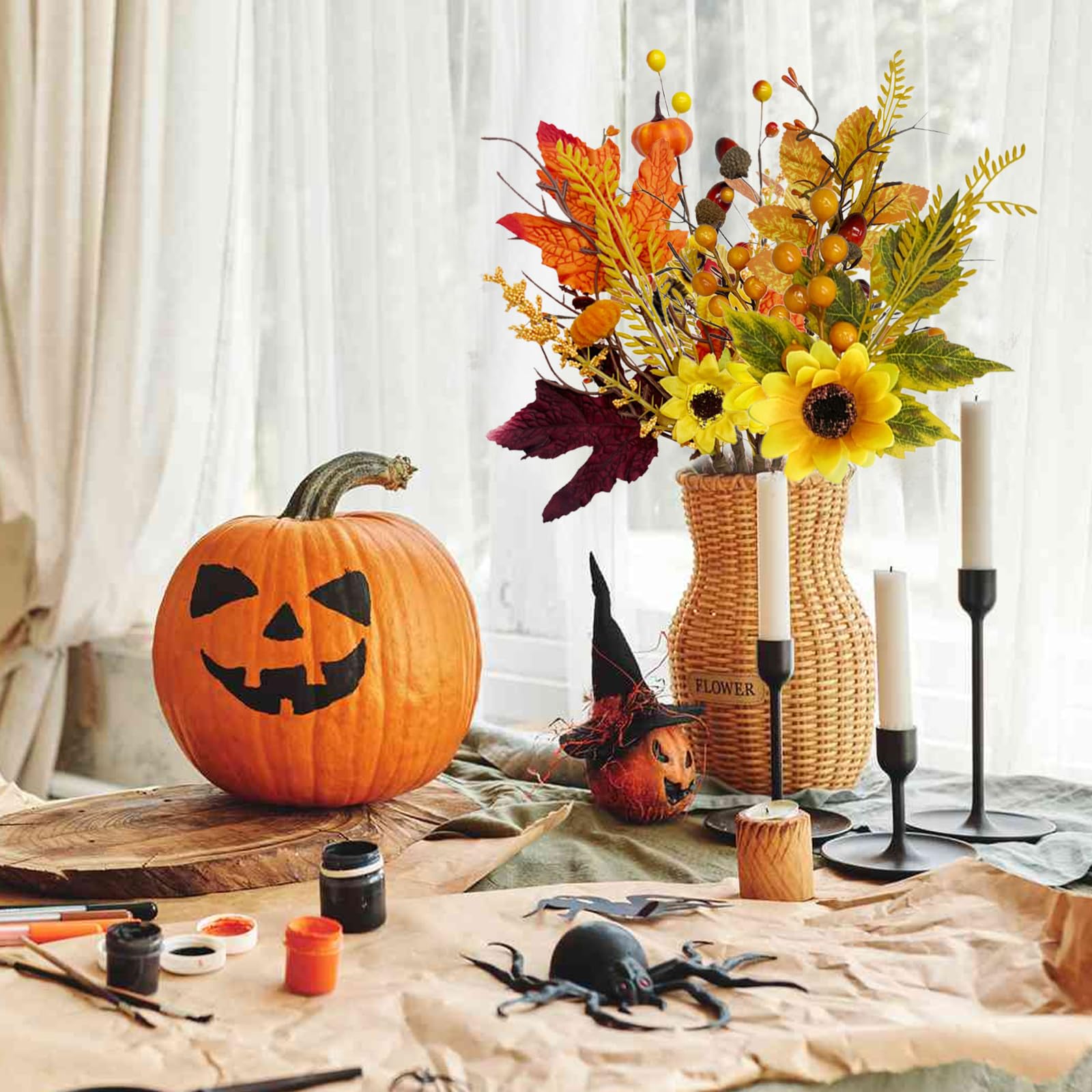 6 Bouquets Feuilles D'érable Artificielles Automne - Décoration Avec Citrouille, Tournesol, Pomme De Pin - Pour Thanksgiving Et Intérieur/extérieur - 2