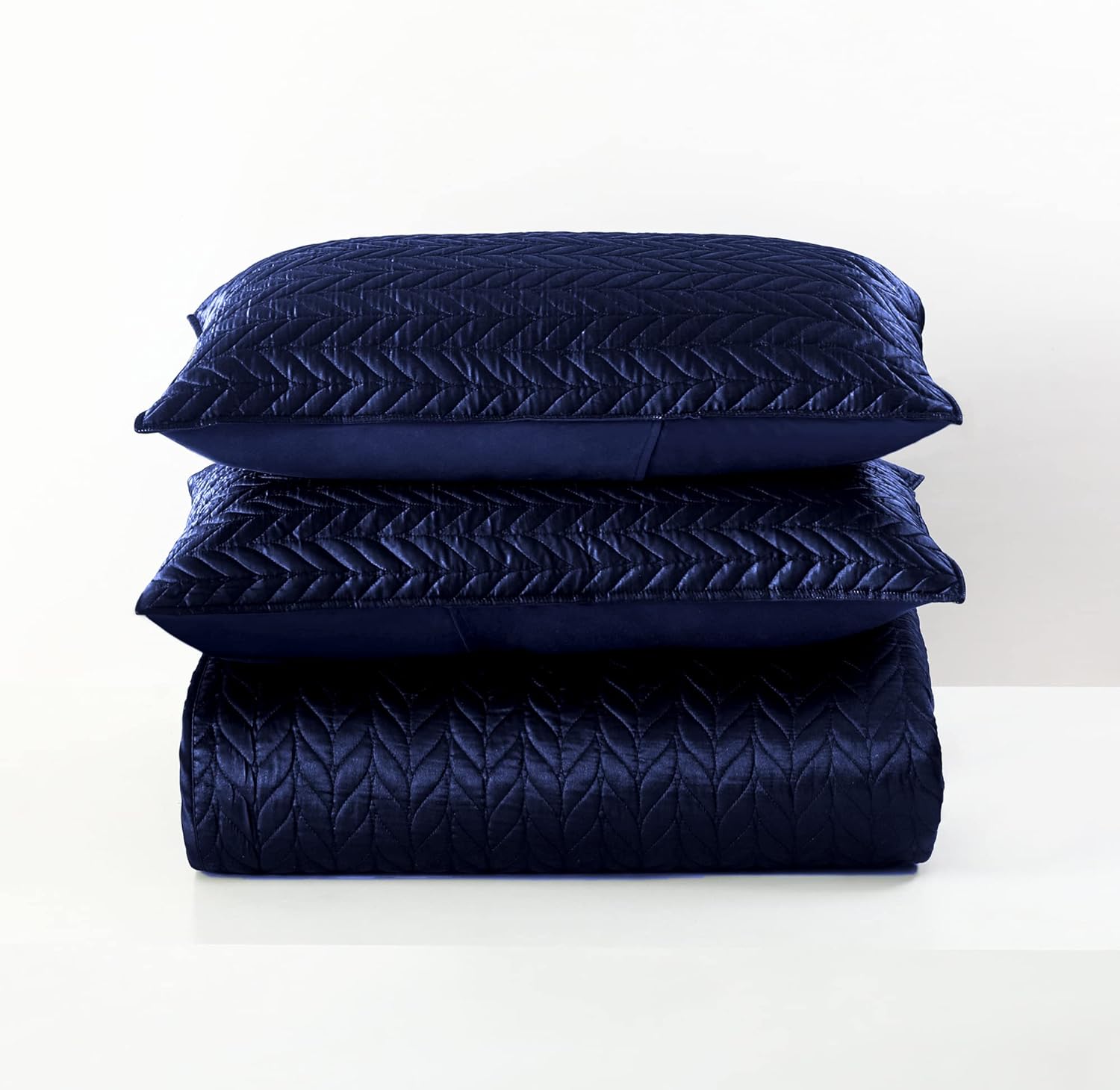 Whale Flotilla Silky Soft Satin Quilt King Size, Luxury Reversible Lightweight Bedspreads Covelets for All Seasons, Leaf Stitched Pattern Bedding Set with Satin Pillowcases, Navy