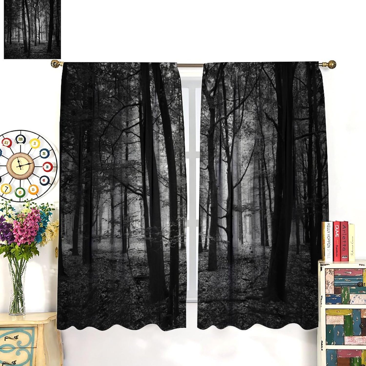 Forest Blackout Curtains,Gothic Natural Scenery Fantasy Dark Black Misty Foggy Mysterious Forest Woodland Tree Art Printed Windows Treatments Rod Pocket Drapes For Living Room Bedroom Kitchen 72x63in