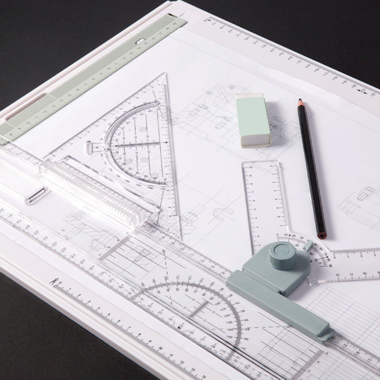 GOMETY Tavolo da disegno formato A4, multifunzione, formato DIN A4, con righello scorrevole, triangolo, angolo regolabile, piano da disegno di precisione per studenti, designer, ingegneri