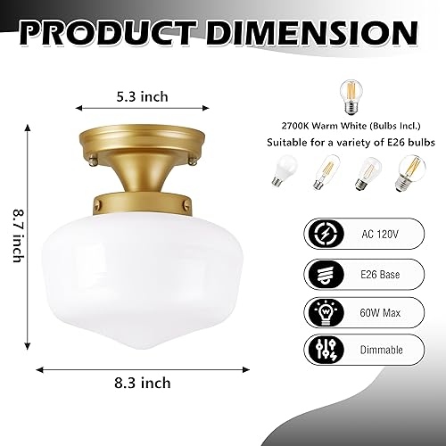 Miniatura 4 de AyshwillDec Lámpara escolar de latón de 8 pulgadas, lámpara de mediados de siglo, lámpara de vidrio de leche, lámparas de techo semiempotradas para