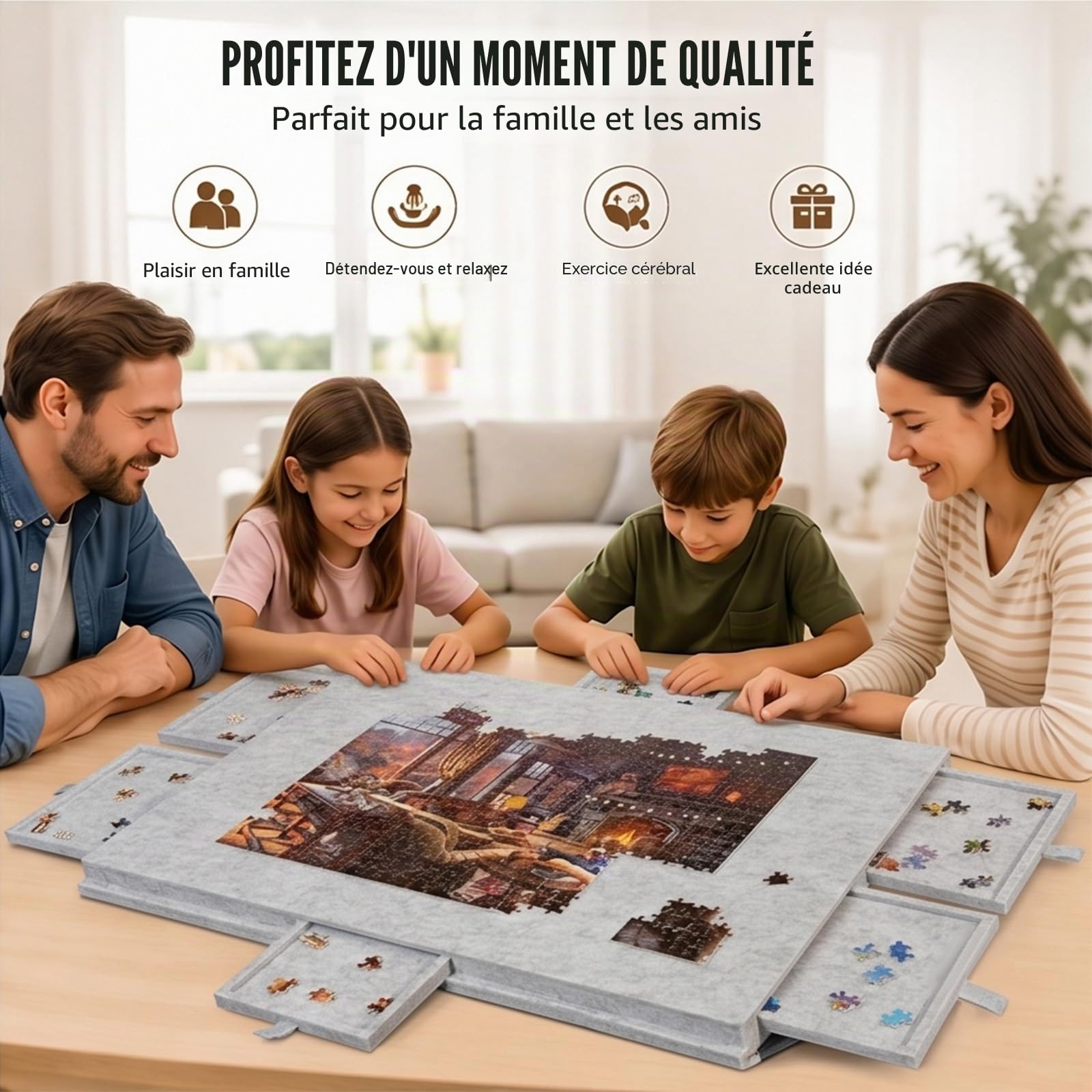 Support Puzzle 1000Pièces avec 6 Tiroirs&Couvercle,Support Pliable Réglable | Planche à Puzzle Anti-Dérapante,Tapis de Puzzle Pliable avec Rangement pour Adultes et Enfants(Gris)