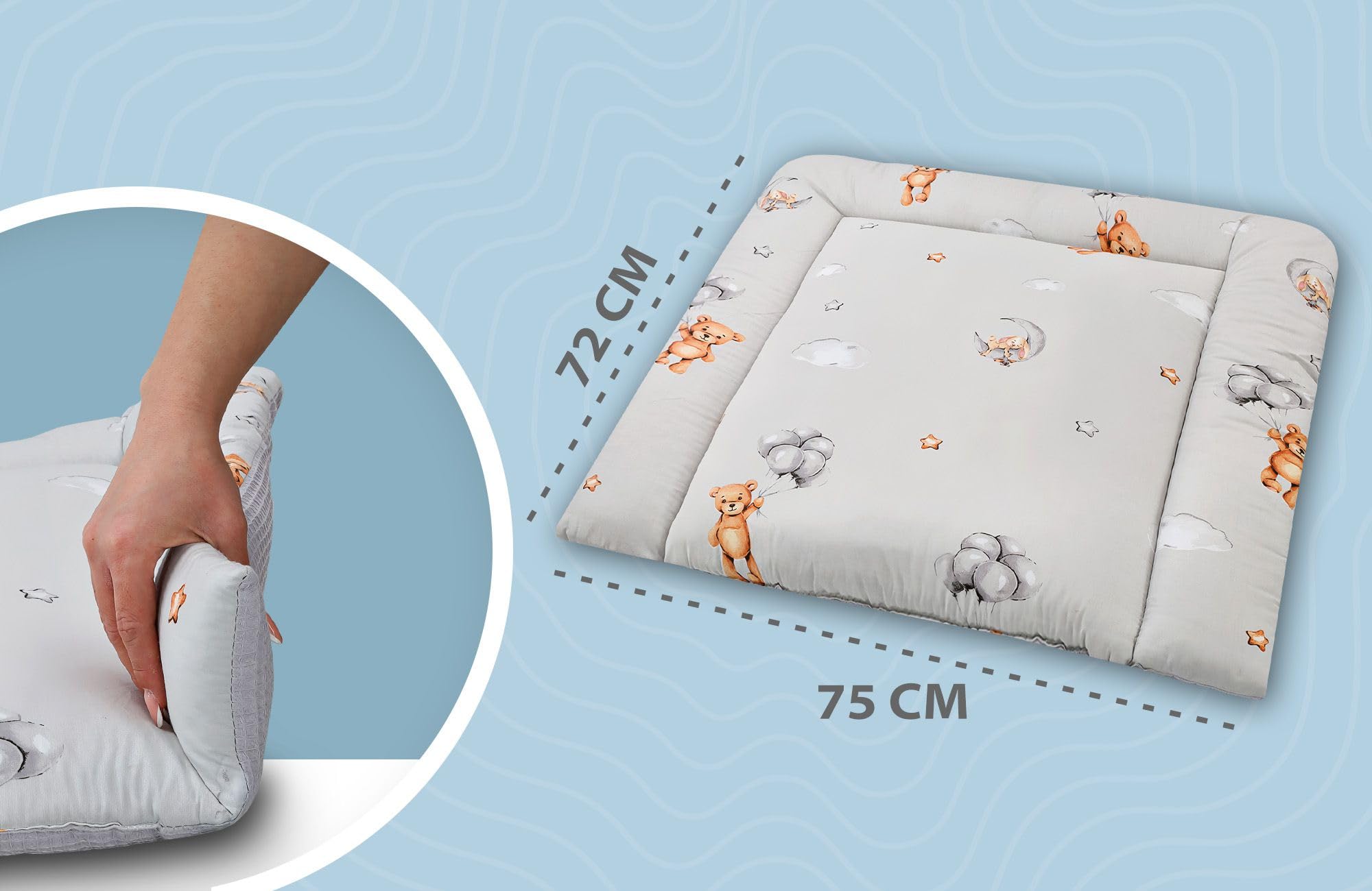 Materassino fasciatoio 75x72 cm - cuscino neonato in cotone lavabile pieghevole e portatile materasso da viaggio tappetino per cassettiera lavatrice e tavolo 75 x 72 Oeko-Tex Orsetti