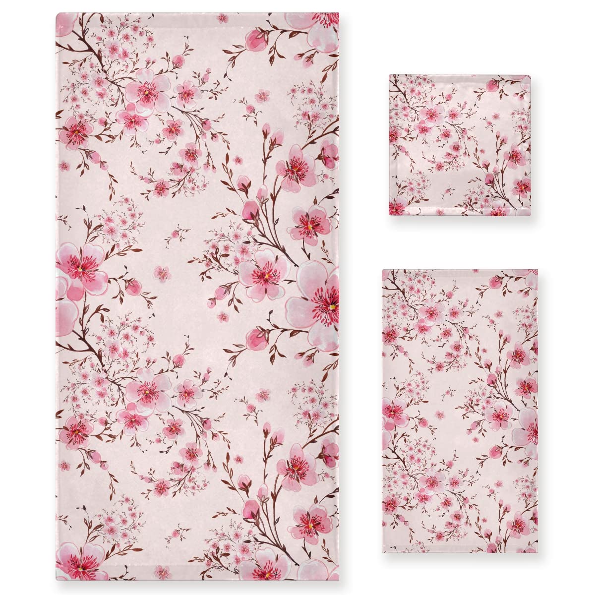 ALAZA Bath Towels Set of 3, Microfibre Towel Bathroom Linen Pink Cherry Tree Towels Set Gift with 1 Face Towel 1 Hand Towel 1 Bath Towel Sheet, Absorbent Bathroom Accessories